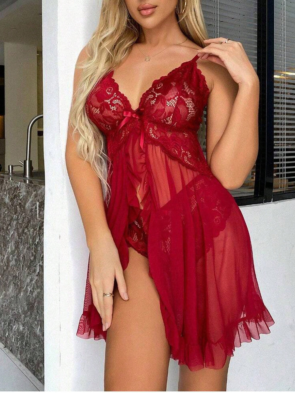 Sexy Lingerie Set With Split Lace Nightdress And Underwear