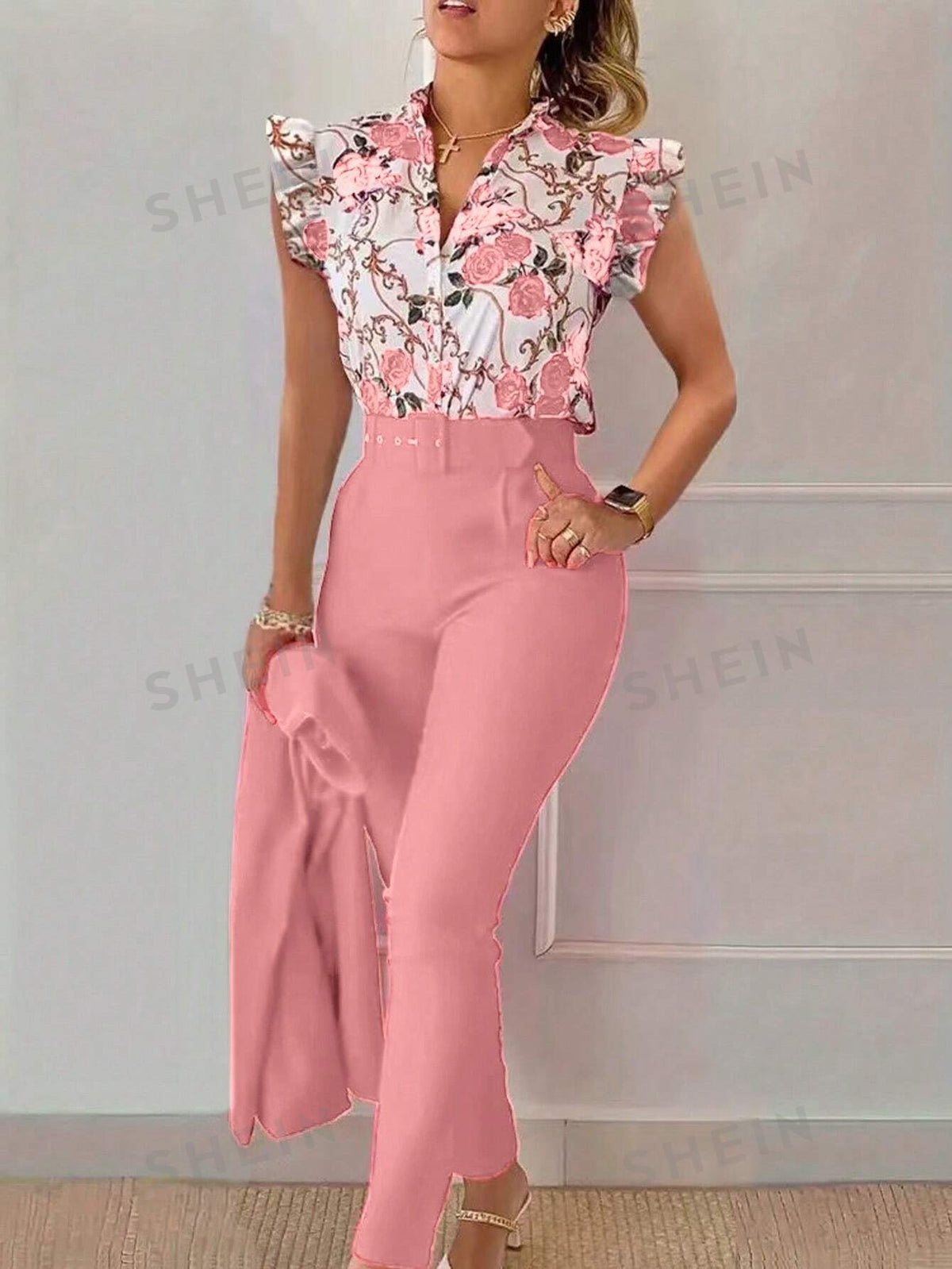 SHEIN Clasi Floral Print Ruffle Trim Blouse & Pants For Summer