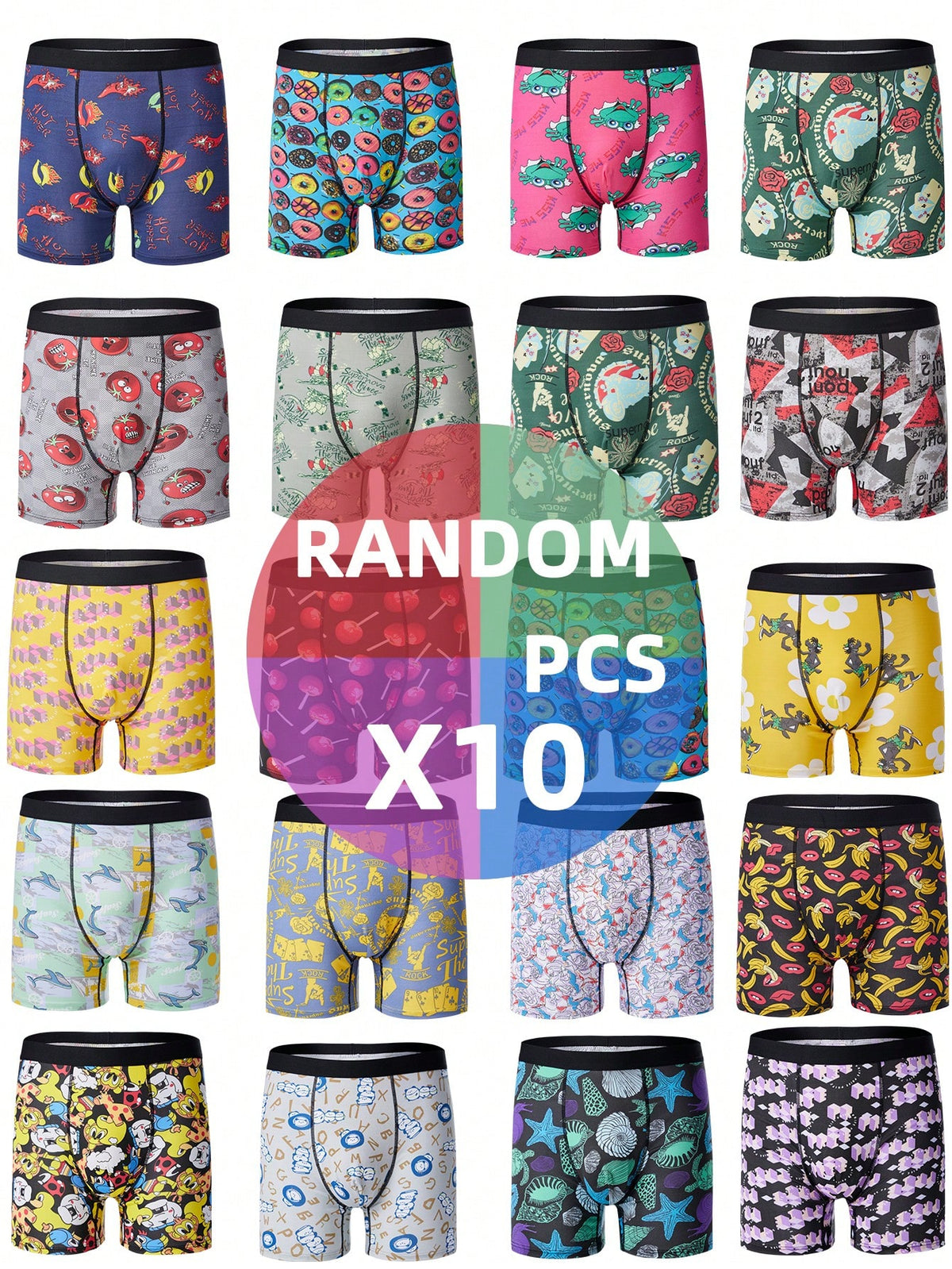 10Pcs Ten Pack Men's Random Quad Printed Long Leg Boxers Fashion Breathable Cool Men's Underwear Novelty Printed Multicolor Underwear Queue Beach Long Leg Pants