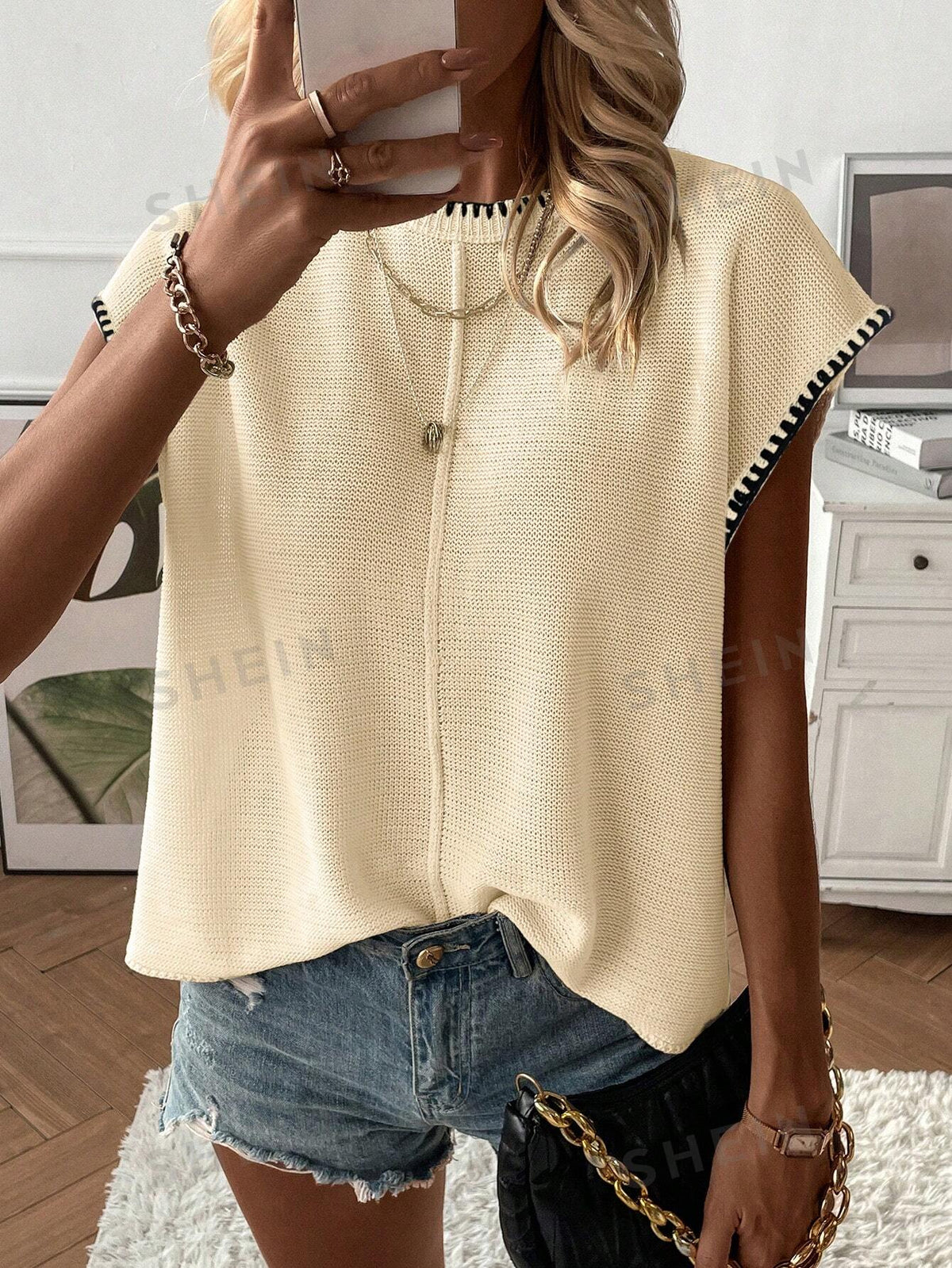 SHEIN Frenchy Women's Round Neck Short Sleeve Casual Sweater Vest For Summer