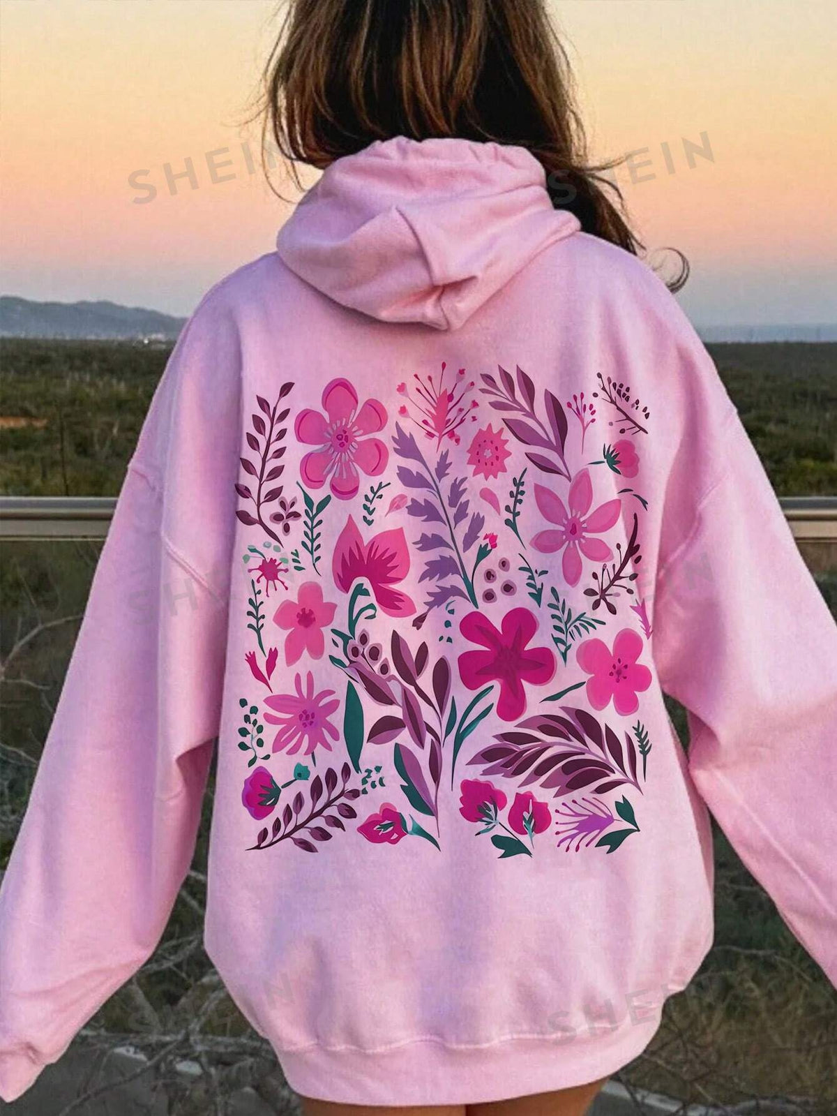 SHEIN EZwear Pink Floral Hooded Sweatshirt, Cute Hoodies, Artsy Hoodies, Botanical Hoodies, Nature Aesthetic Hoodies, Cottagecore Hoodies, Granola Girl Boho Hoodies, Botanical Hoodies, Brown Hooded Sw