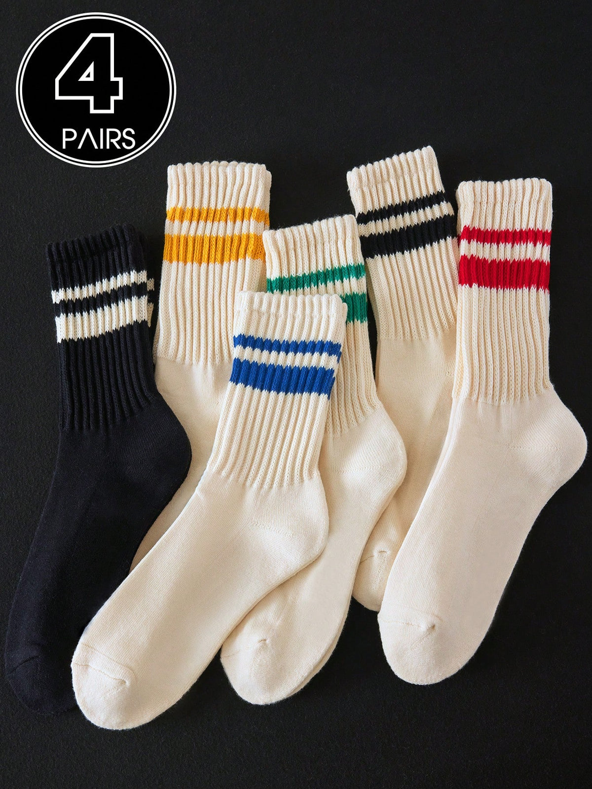 4 Pairs Men's Striped Mid-Calf Socks, Moisture Wicking, Breathable, Loose & Soft, Suitable For All Seasons, Fashionable & Versatile, Random Colors (Red, Blue, Green, Yellow, Black, White)