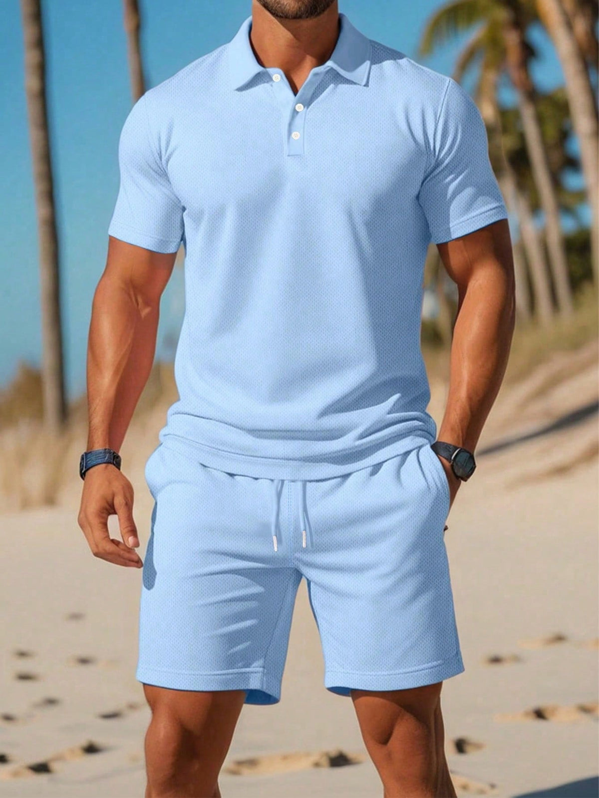 Men Summer Solid Color Casual Polo Shirt And Drawstring Waist Shorts Set