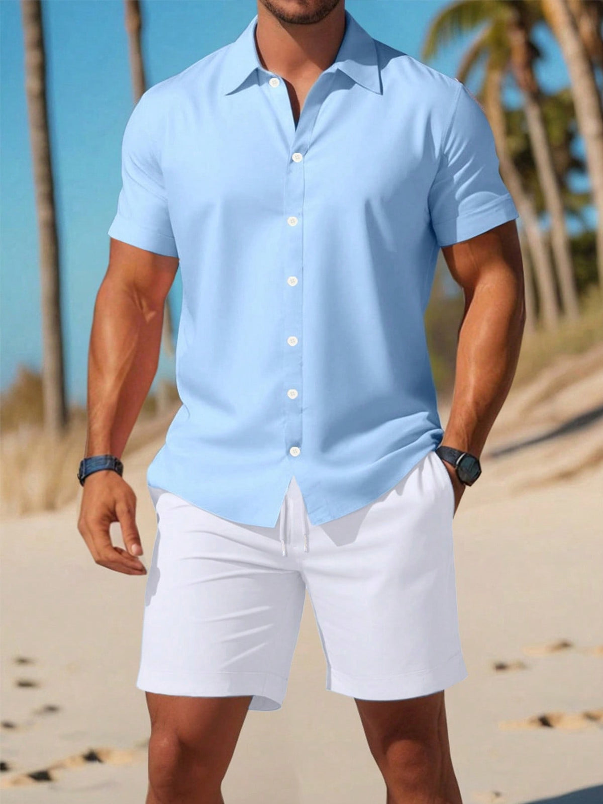 Men Solid Button Up Shirt & Shorts