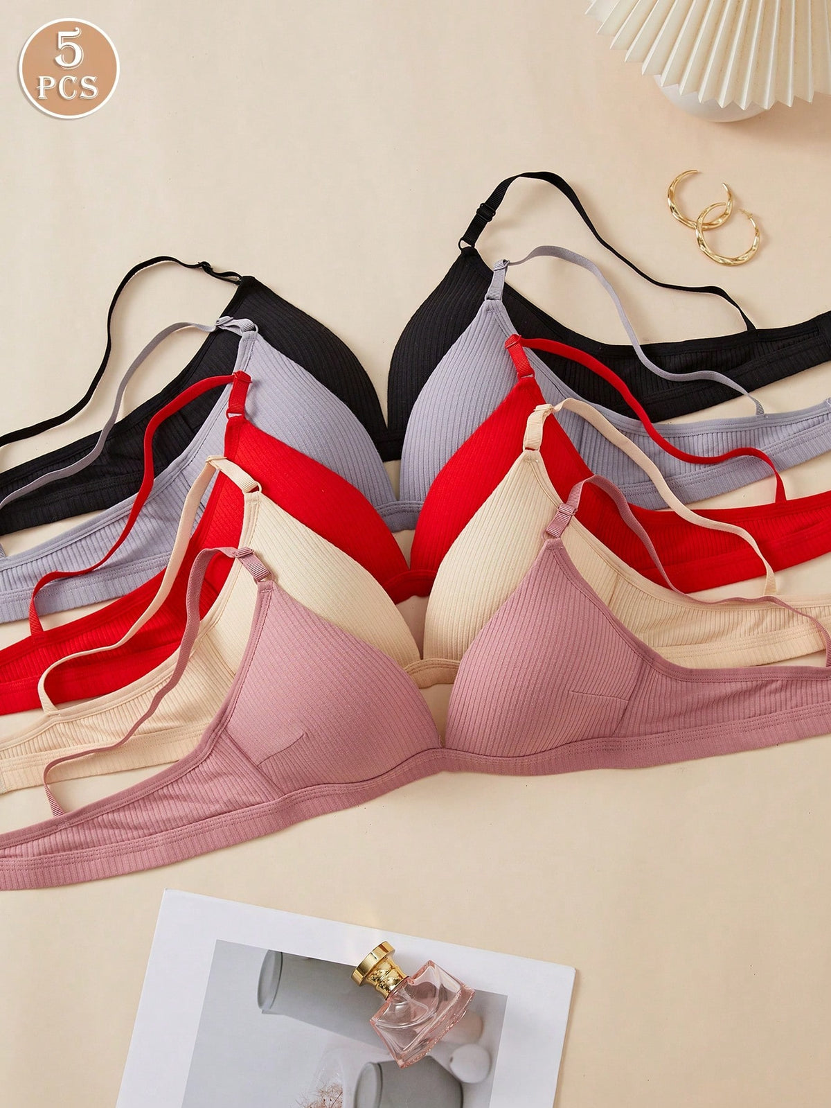 5pcs Women's Comfortable Ribbed Wireless Push Up Bras In Multiple Colors, Lingerie