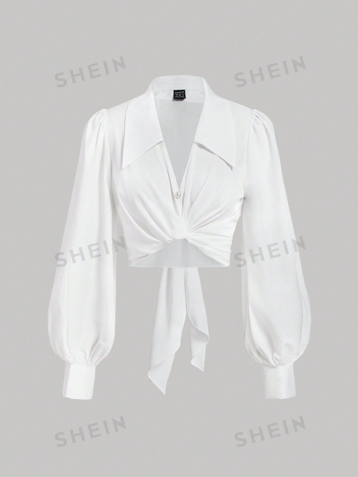 SHEIN MOD Women's White Collar Puff Sleeve Long Sleeve Cross Wrap Shirt, Ribbon Bow Tie, Elegant Gentle Fashion Blouse