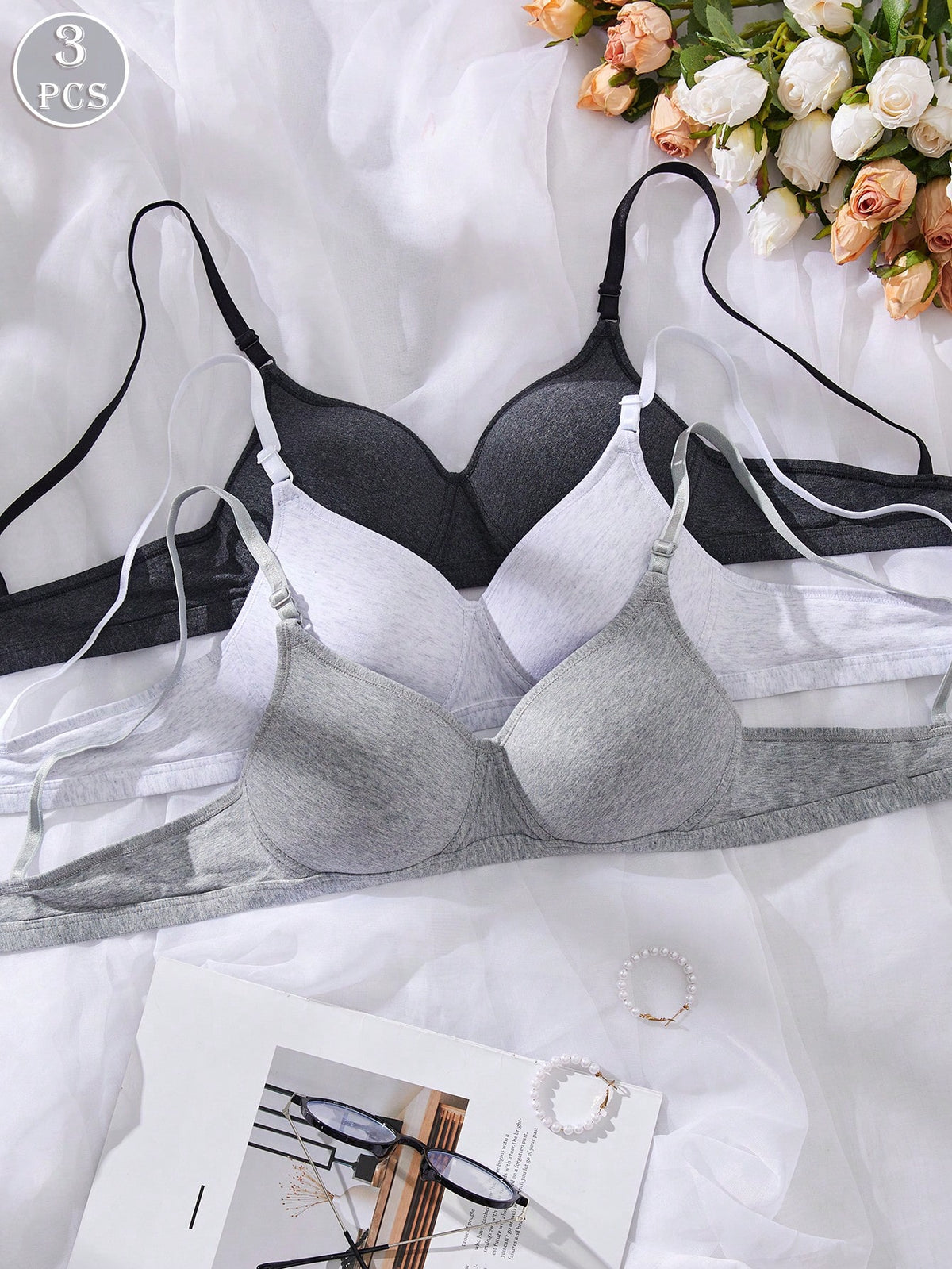 3PCS Lady's Comfortable Sleep Multicolour Wireless Soft Solid Underwear Bra, Lingerie