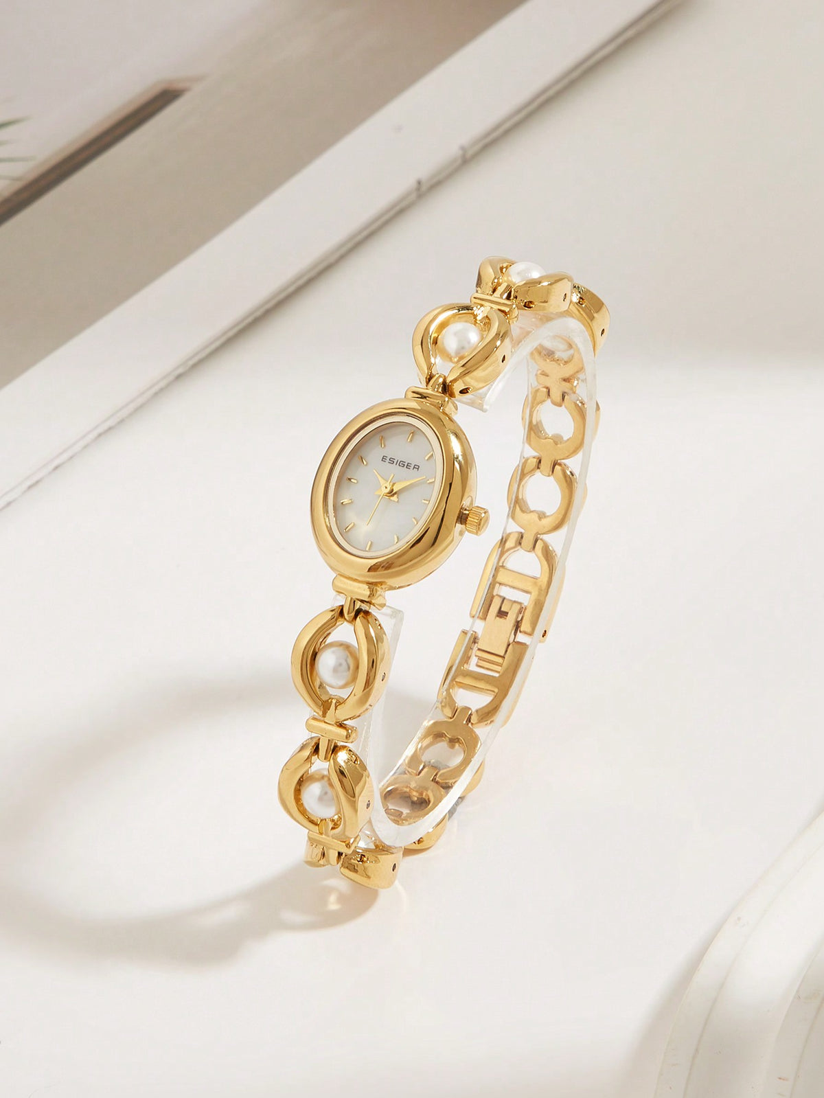 1pc Women Vintage-Style Luxury Pearl Accented Bracelet Watch, Suitable As Gift