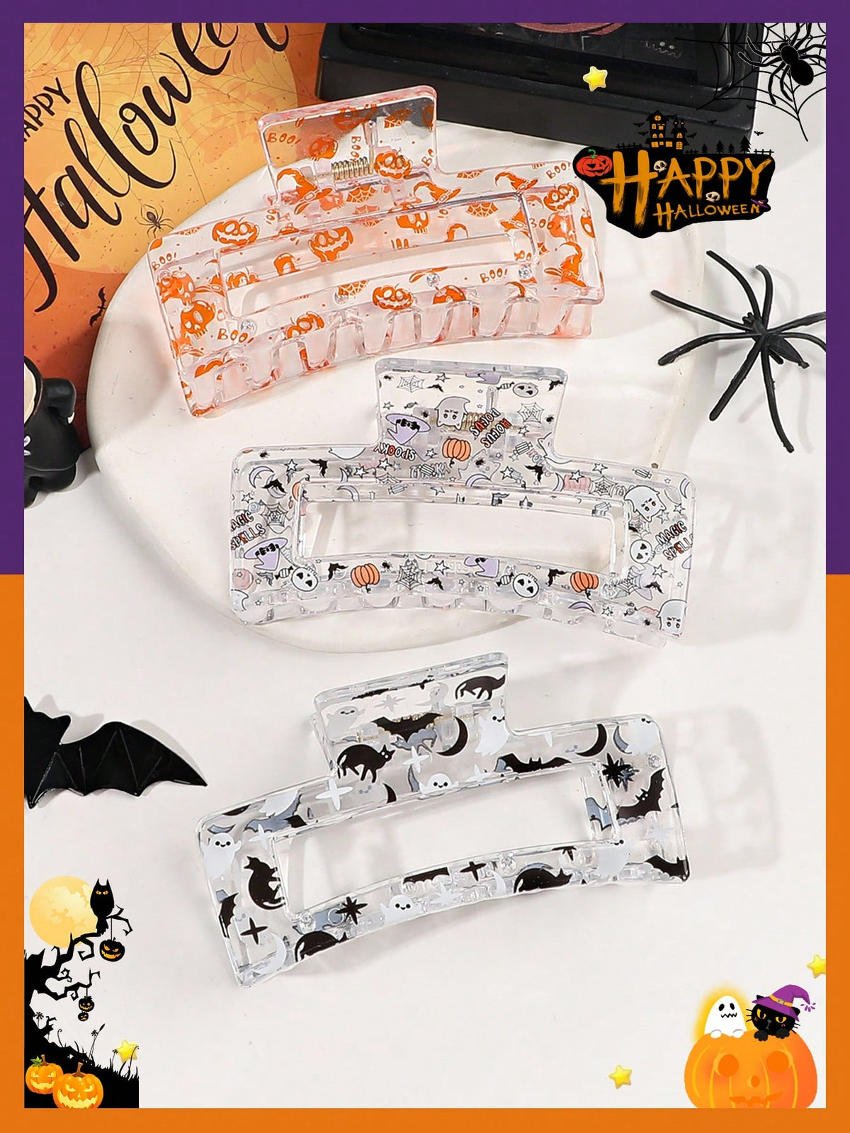 3pcs Halloween Pumpkin Ghost Bat Star Moon Printed Translucent Shiny Hollow Medium Hair Claw, Sweet Cool Party Tea Party Friends Gift Hair Accessories