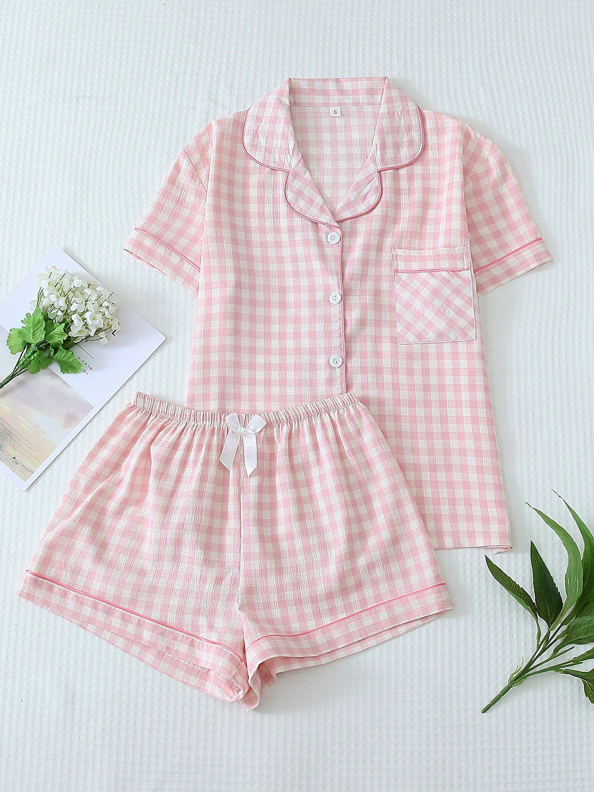 2pcs Women's Plaid Print Pajama Set, Short Sleeve Button Collar Top And Shorts, Casual Summer Sleepwear