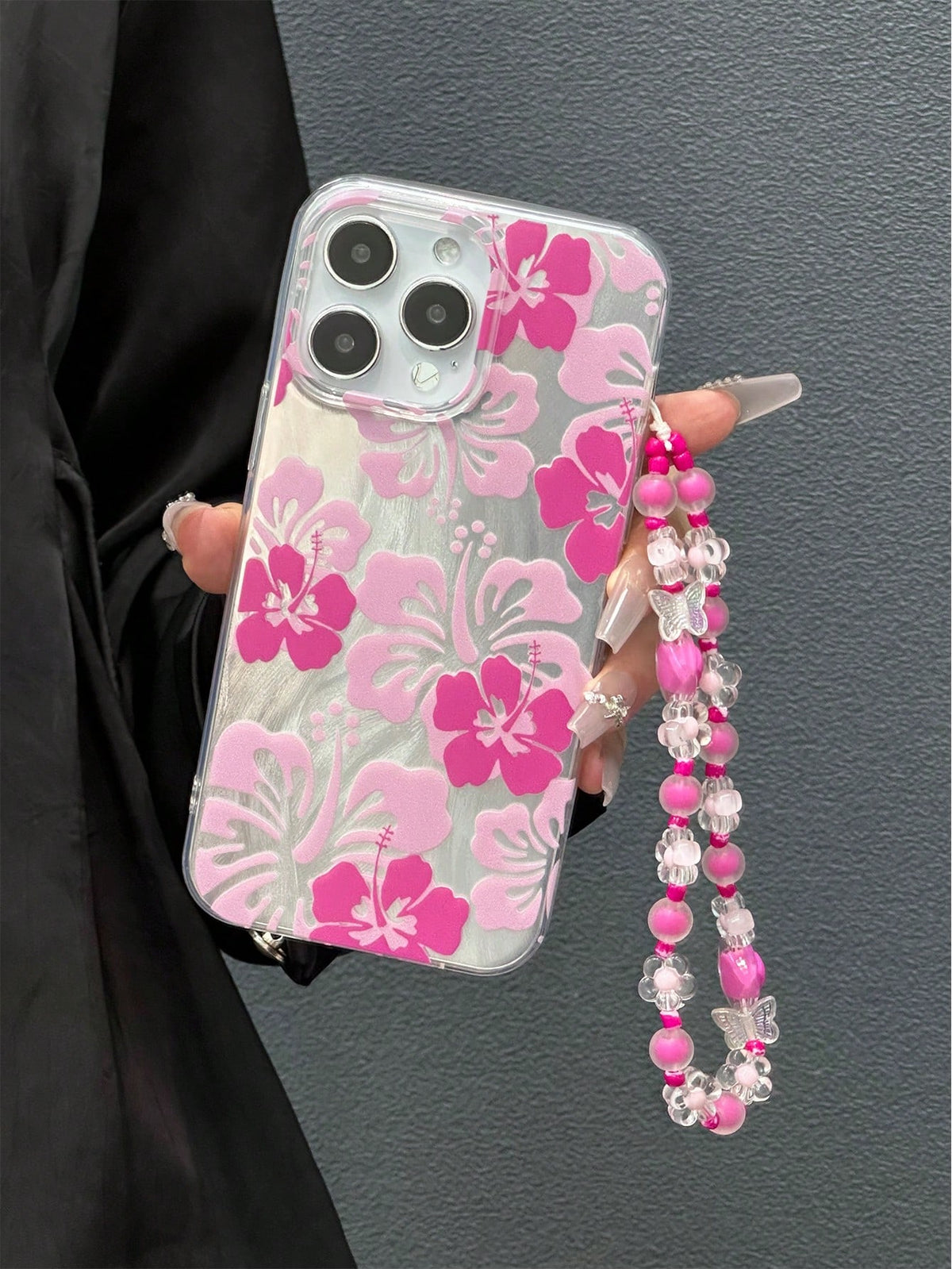 Black Flower Gradient Laser Holographic Paint Beaded Handmade Wrist Strap Shockproof Phone Case Compatible With Iphone XR, 7/8, 13 Pro Max, 14, 11, 12 Pro, XS, Compatible With Samsung Galaxy A04, A32,