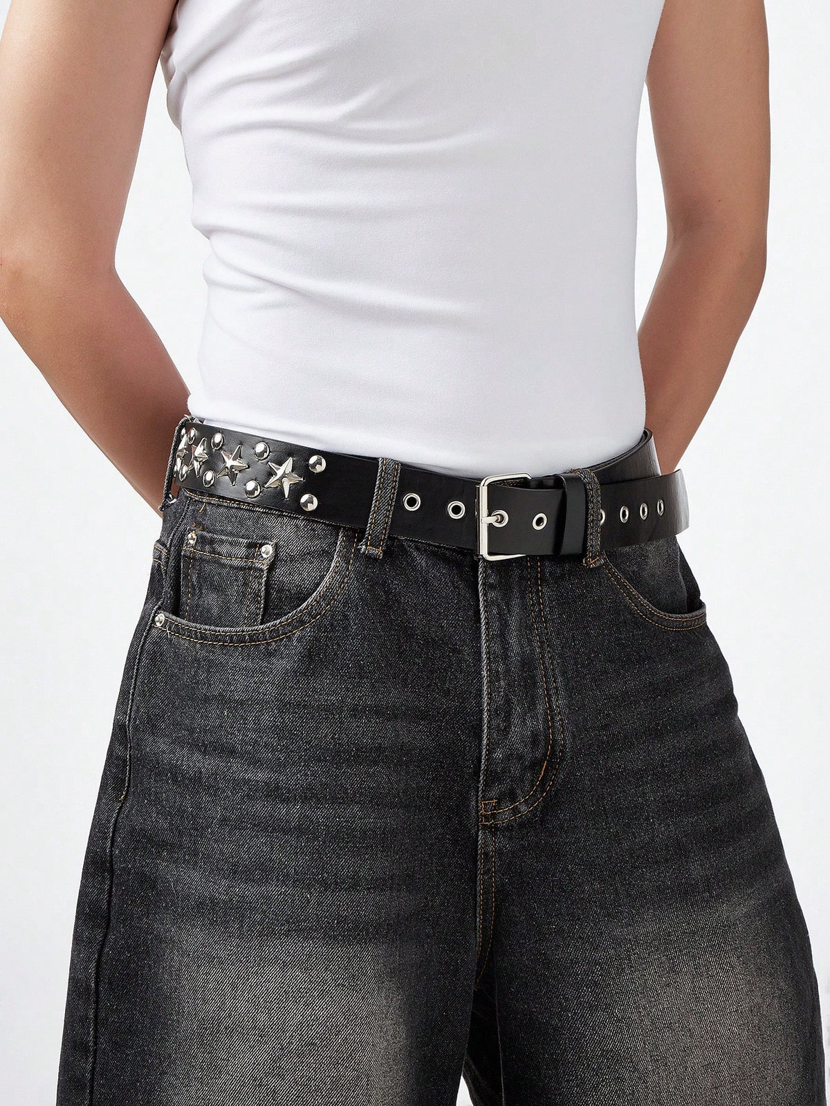 1pc Men's Black Y2K Punk Rivet Studded Star Buckle Casual Belt Suitable For Jeans And Daily Wear