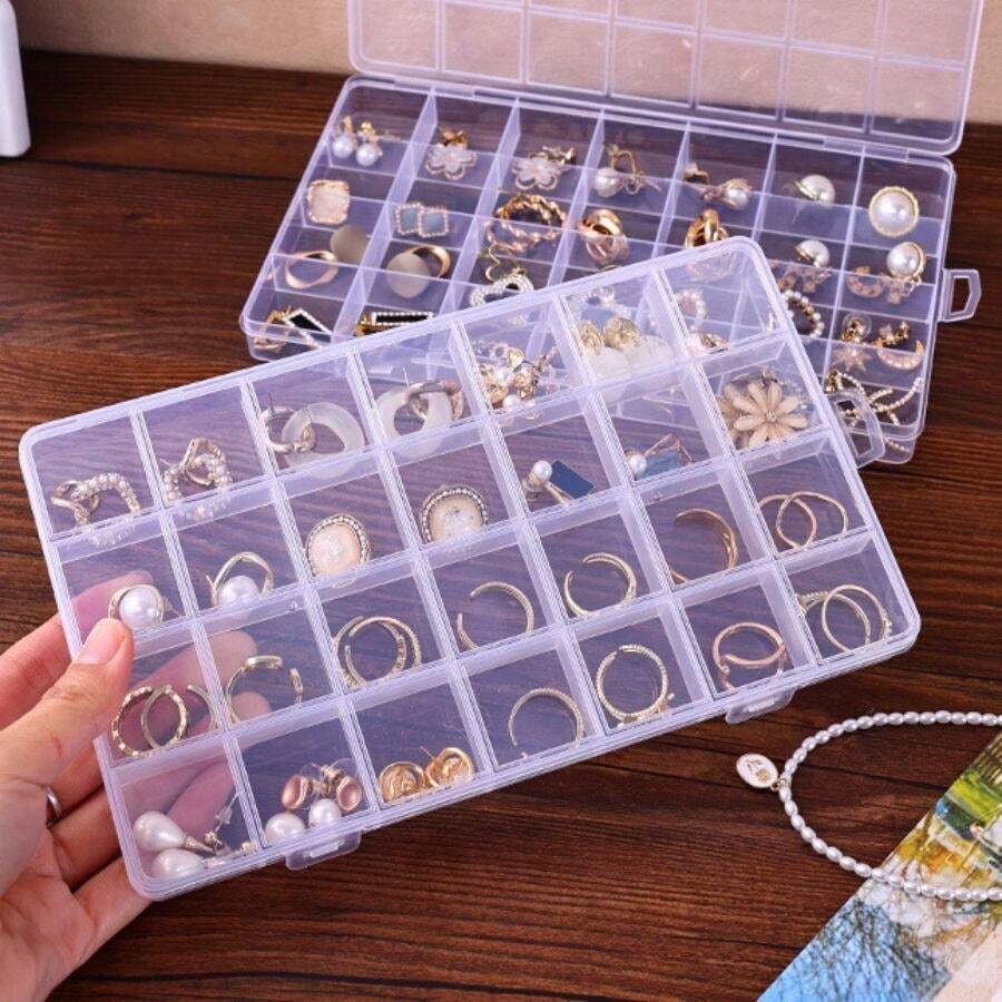 1pc Adjustable 10/14/36 Slots & Fixed 10/15/24/28/56 Slots Transparent Plastic Jewelry Storage Box, Earrings Studs Rings Organizer Case, Nail Tips Makeup Tools Multi-Function Container