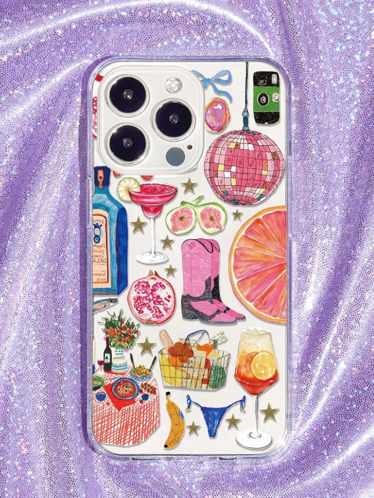 1pc Full Coverage TPU Phone Case With Disco Ball Light & Fruit Pattern, Compatible With IPhone