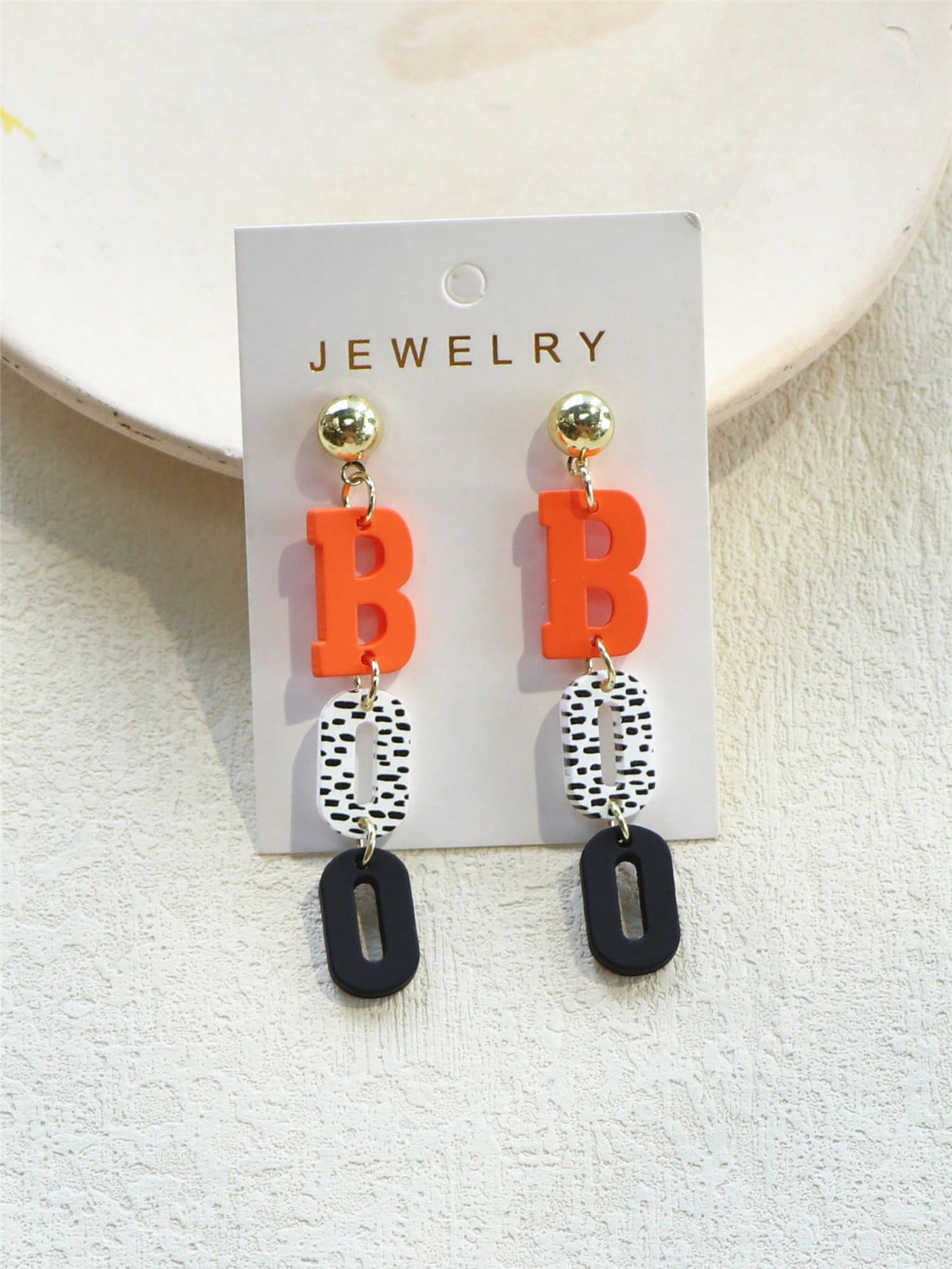 1pair Halloween "BOO" Polka Dot Pumpkin Orange Textured Acrylic Earrings, Party Decor