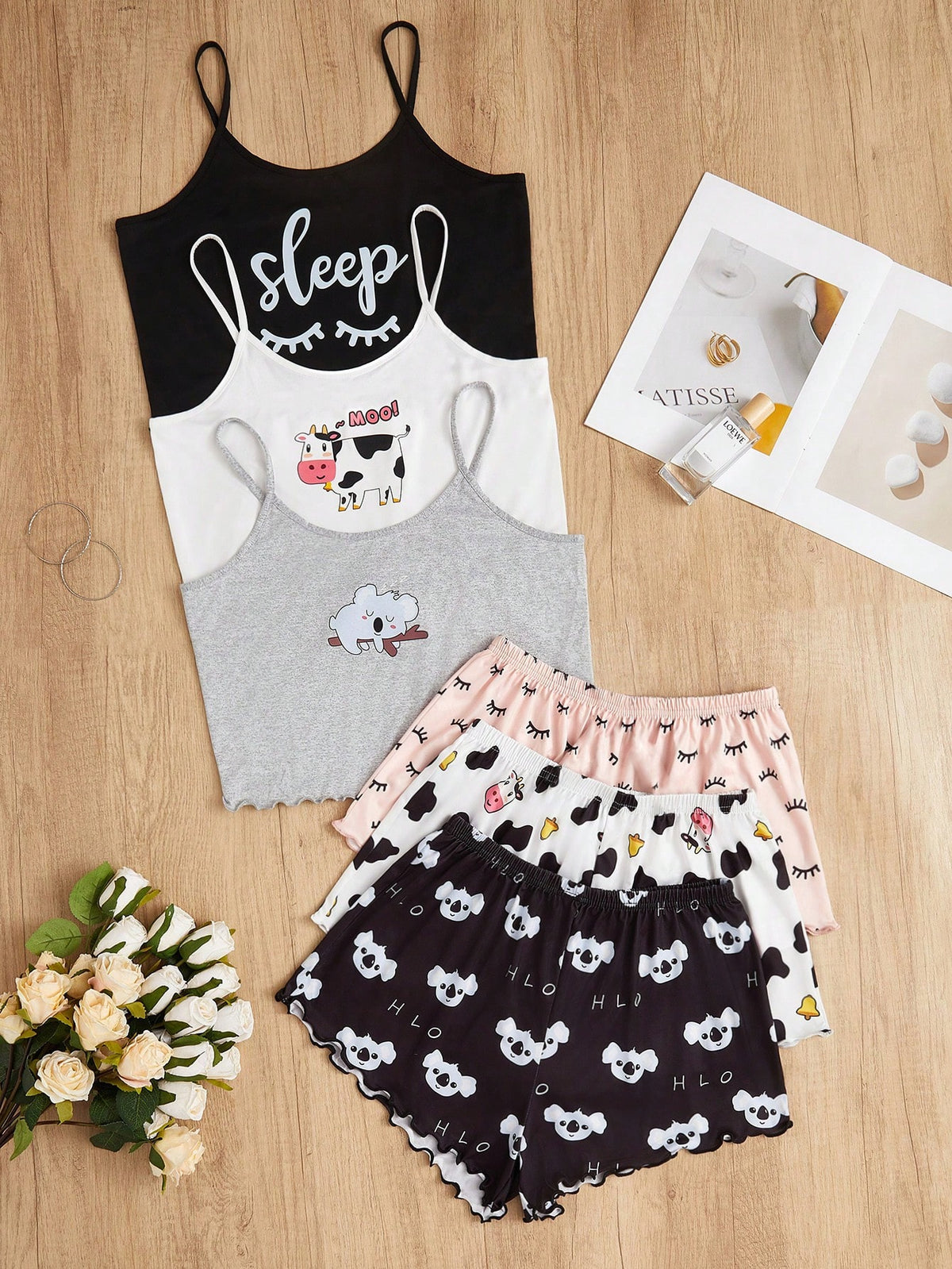 3pcs Women's Cartoon Printed Cami Shorts Pajama Set