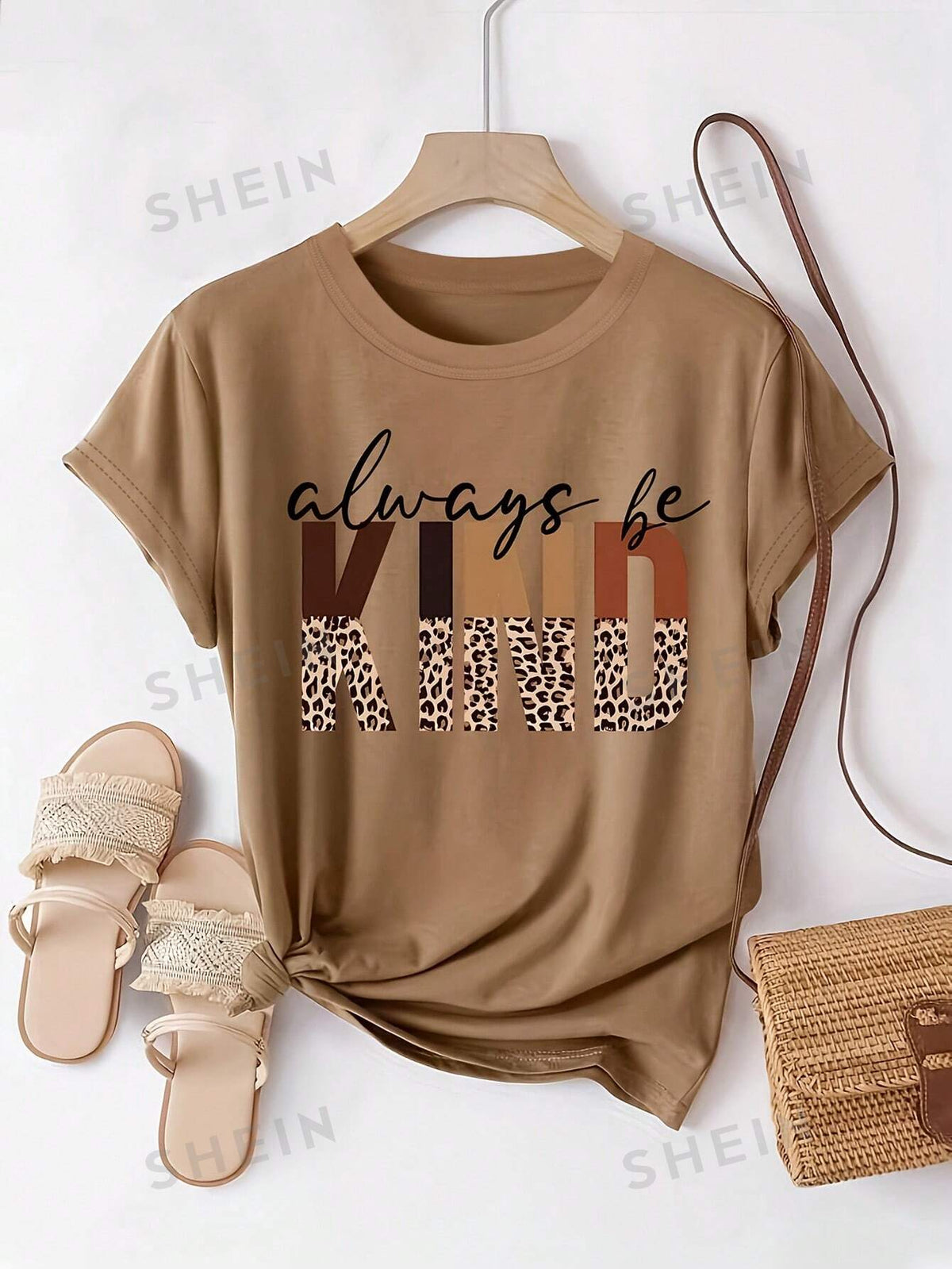 SHEIN LUNE Leopard Print Letter "Holiday & Leisure" Digital Print Comfortable Women's Tee For Home