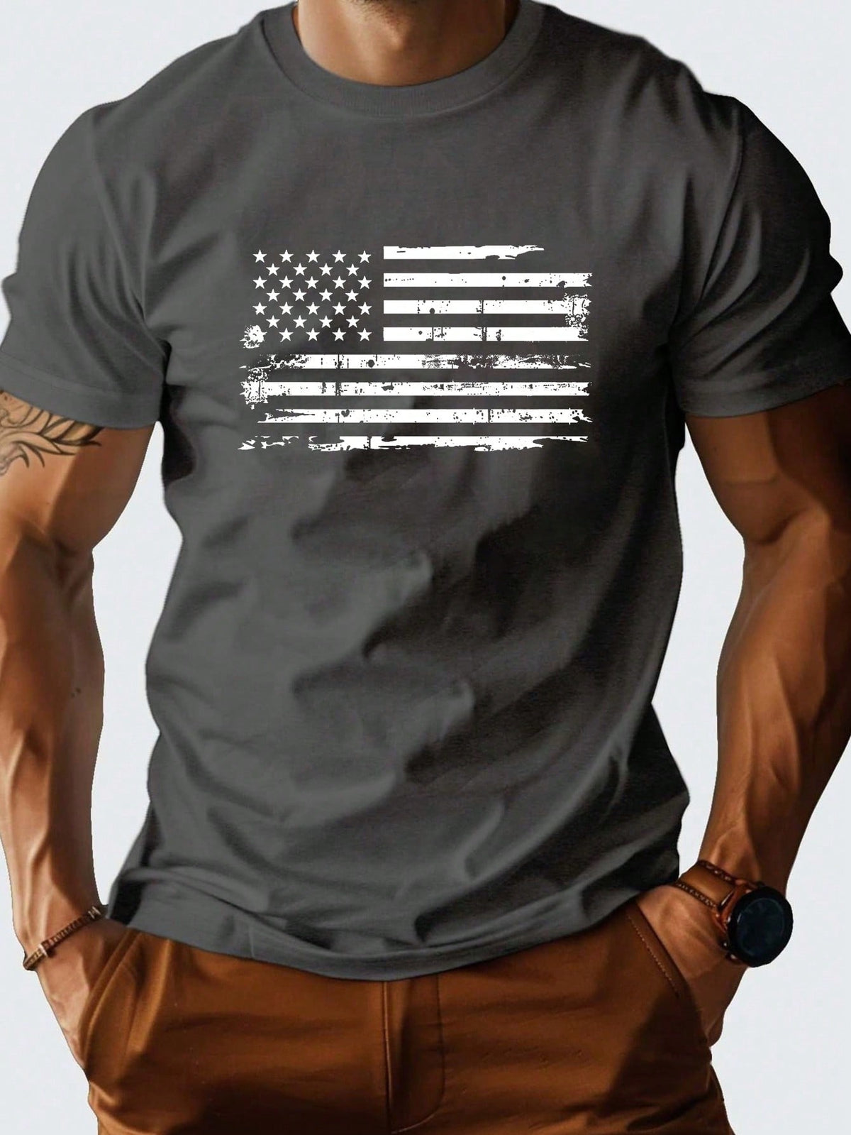 Manfinity Homme Men's Casual Short Sleeve Round Neck T-Shirt With American Flag Print, Summer