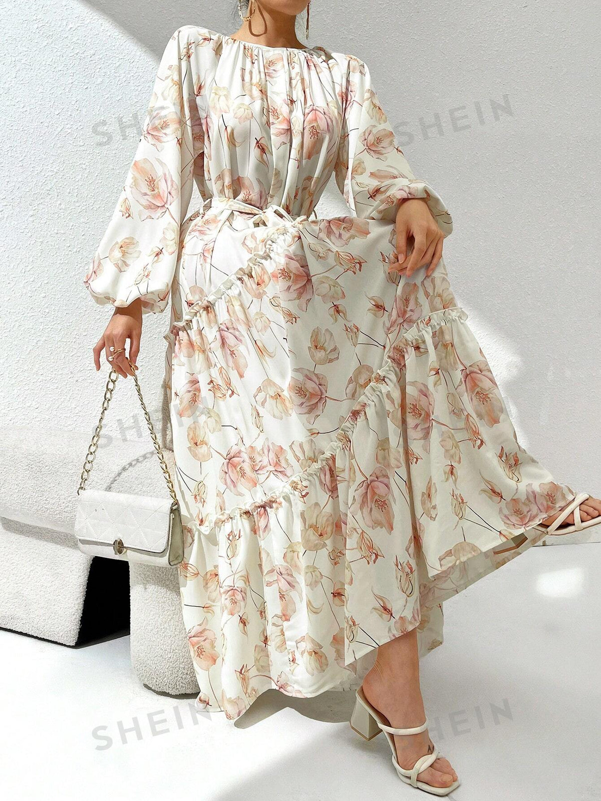 SHEIN Modely Women's Spring/Summer Floral Print Round Neck Lantern Sleeve Long Dress With Belt