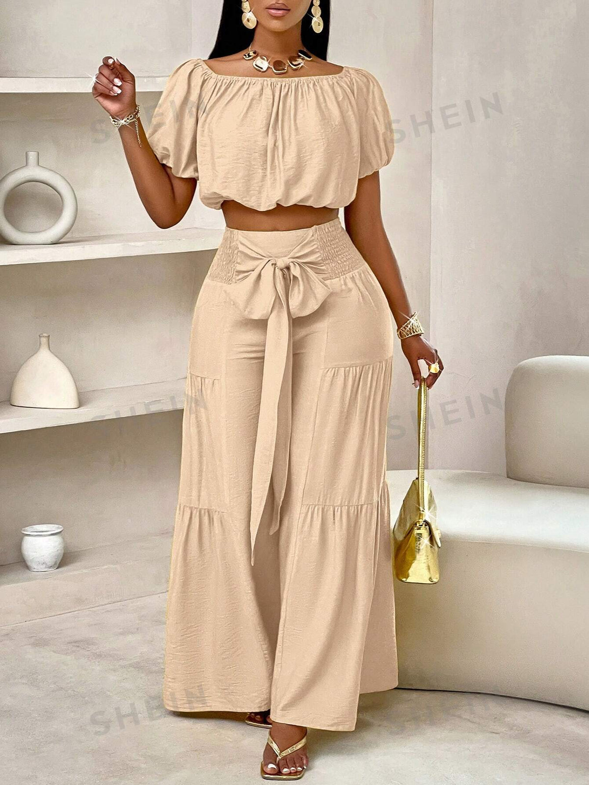 SHEIN Slayr Summer Beach Vacation Style One-Shoulder Puff-Sleeved Ruffled Strapless Crop Top & Wide Leg Pants Set For Summer