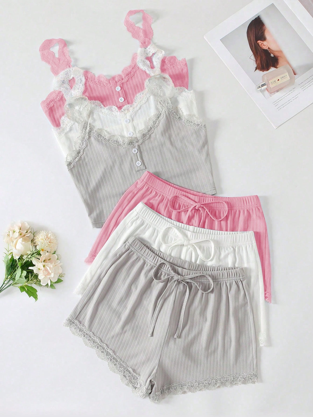 3pcs Women's Solid Color Lace Patchwork Camisole Shorts Pajama Set