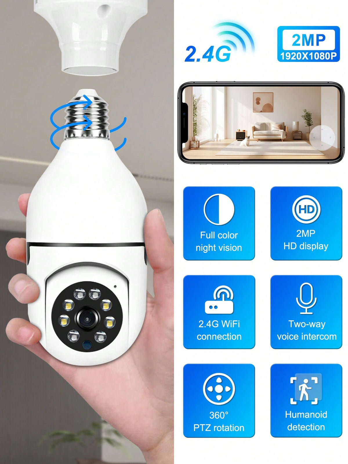 1pc Lightbulb Security Camera, Indoor Wireless WiFi Camera, Uses 2.4G WiFi HD E27 Bulb Camera With Auto Tracking, Full Color Night Vision, Two-Way Audio, Smart Home Security Camera To Protect Your Hom