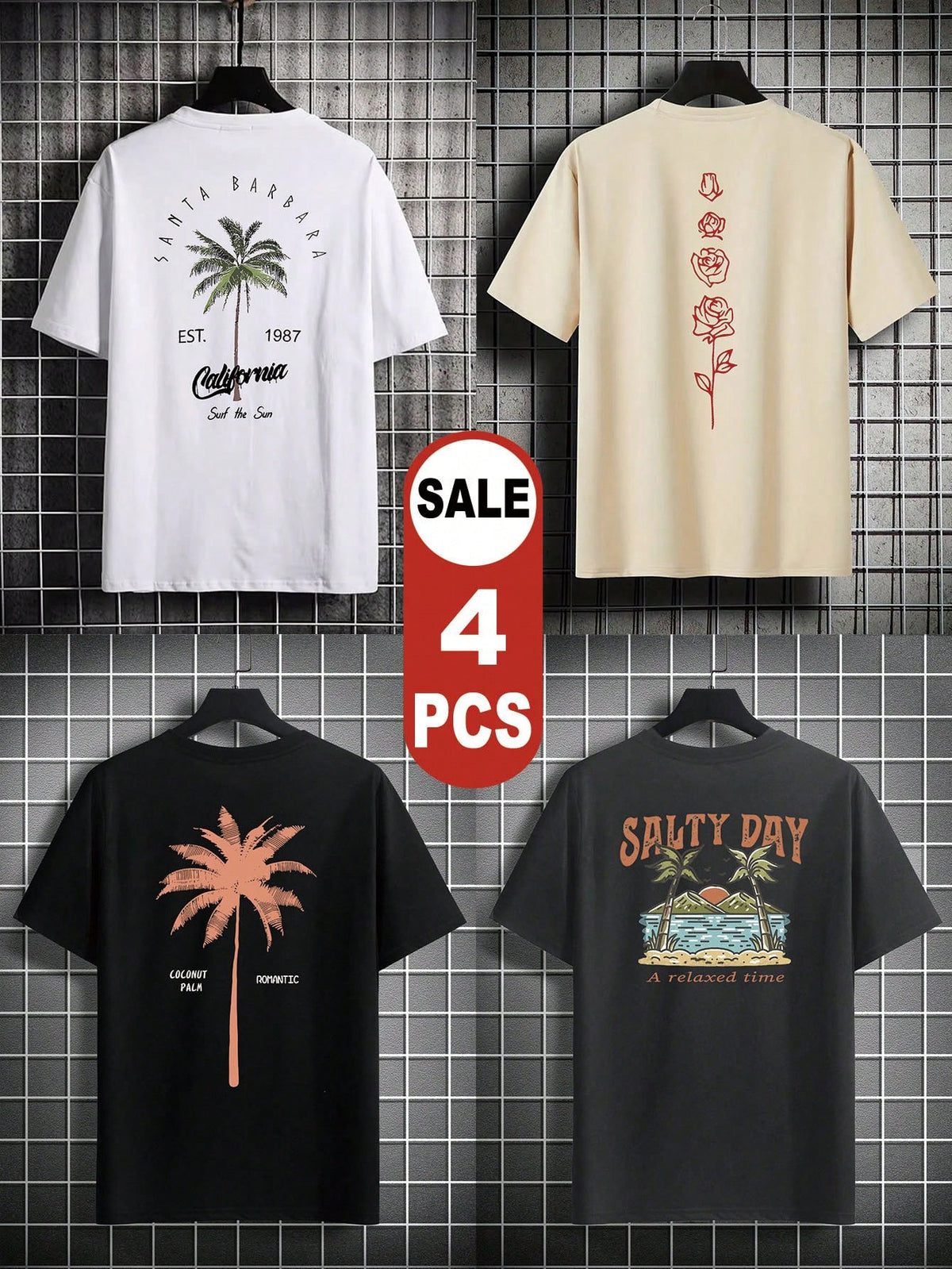 Men 4pcs Japanese Letter & Palm Tree Print Tee