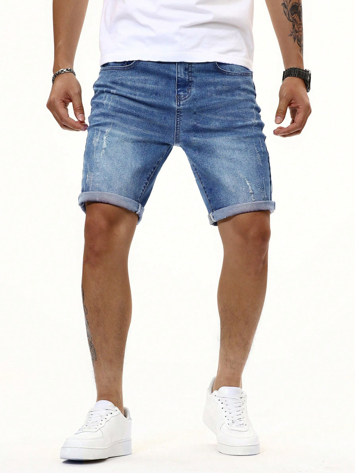 Manfinity Men Cat Whiskers Washed Denim Shorts