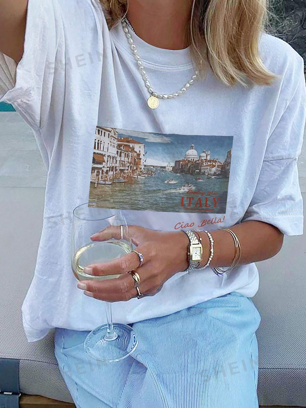 SHEIN EZwear Women's Summer Landscape Letter Graphic Print Round Neck Oversized Relaxed T-Shirt With Drop Shoulder Sleeves