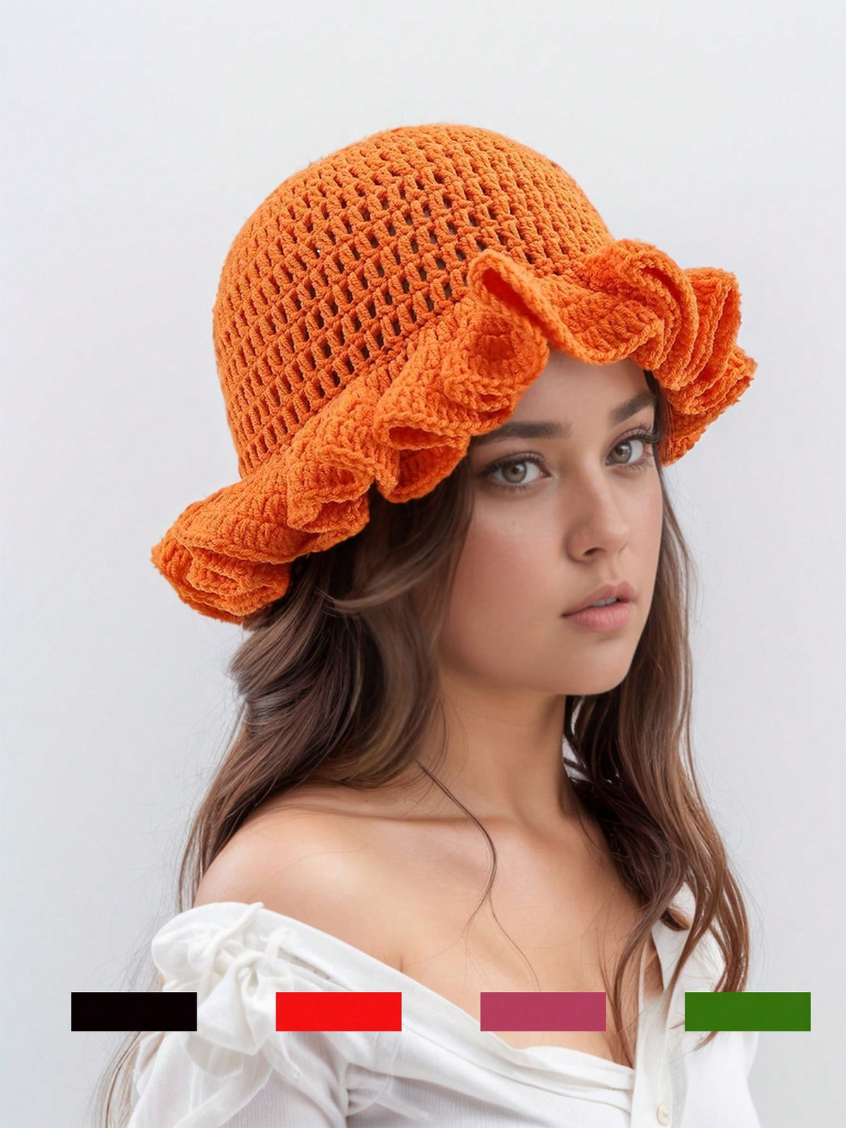 1pc Women's Cute Casual Y2K Style Handmade Crochet Solid Color Ruffle Edge Textured Bucket Hat, Recommended For Outing And Daily Wear