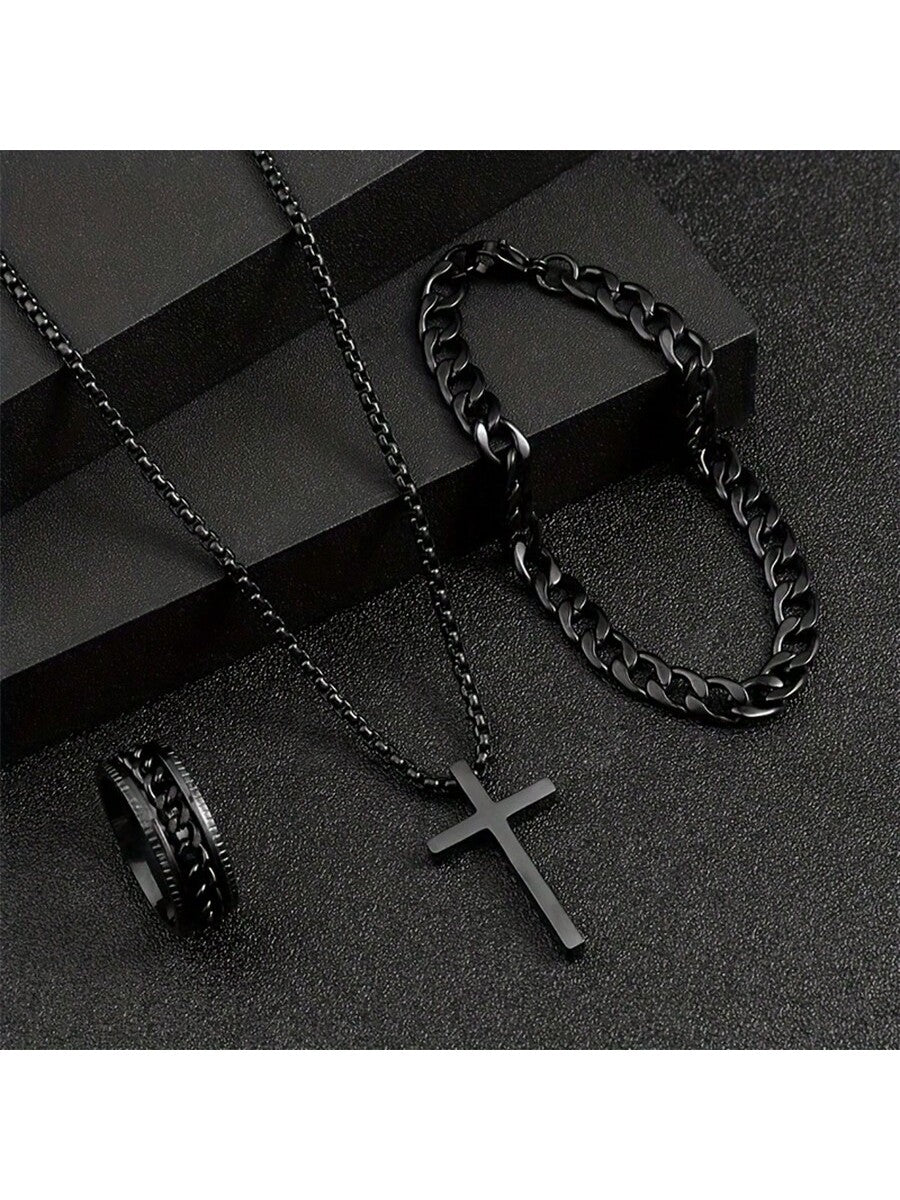 3pcs Men's Fashion Versatile Stainless Steel Jewelry Set, Black Cross Necklace, Bracelet And Ring,The Best Jewelry For Gift Giving