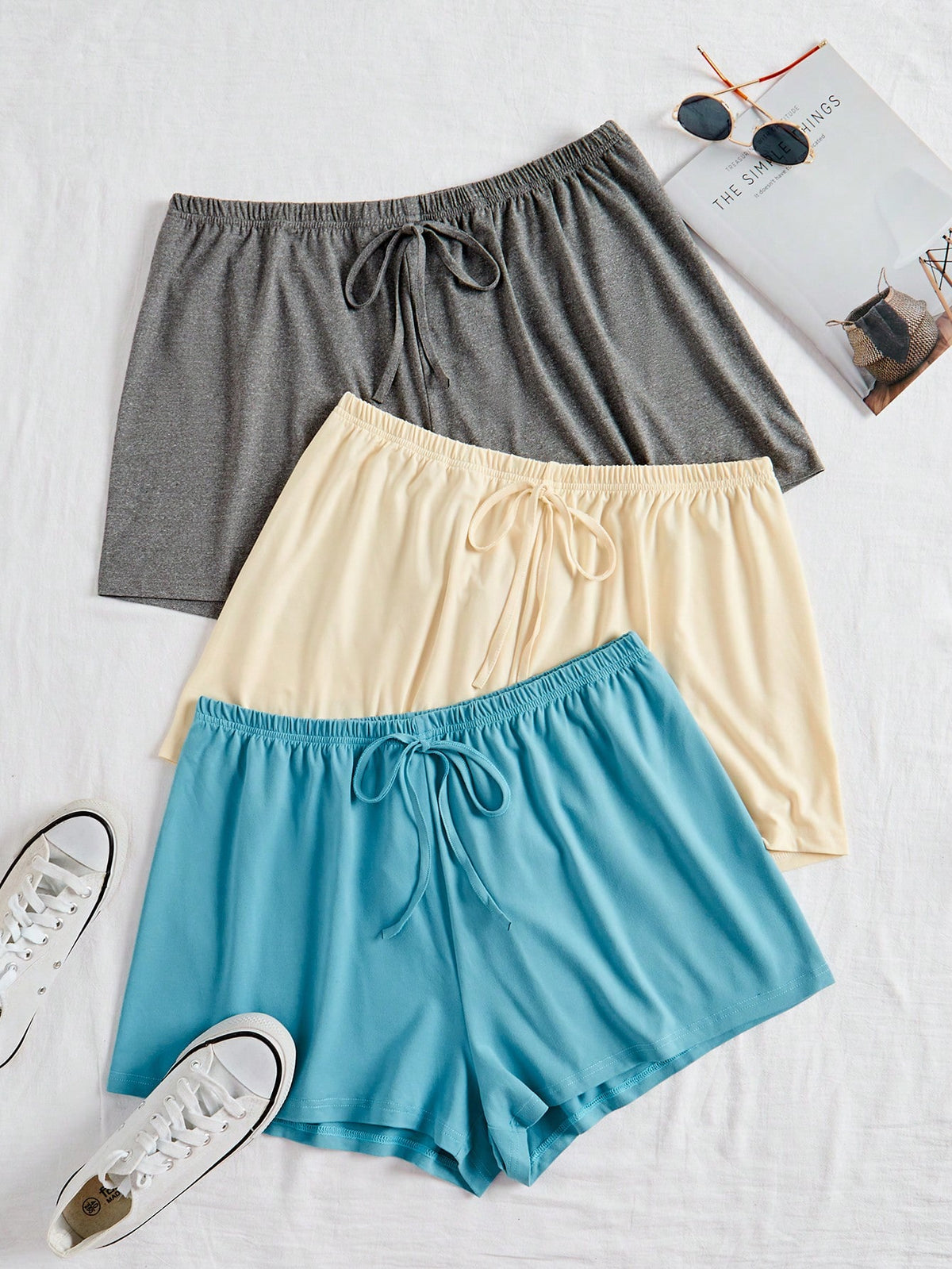 Plus Size Set Of 3 Summer Casual Comfy Shorts In Cream, Grey And Black, Can Be Worn As Outerwear