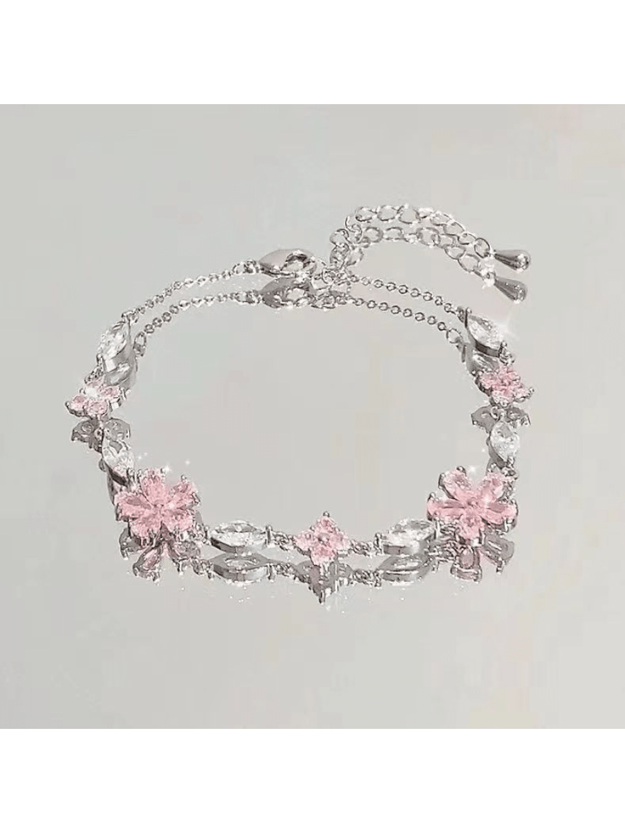 1pc Luxury Pink Cubic Zirconia Sakura Flower & Bow Charm Bracelet