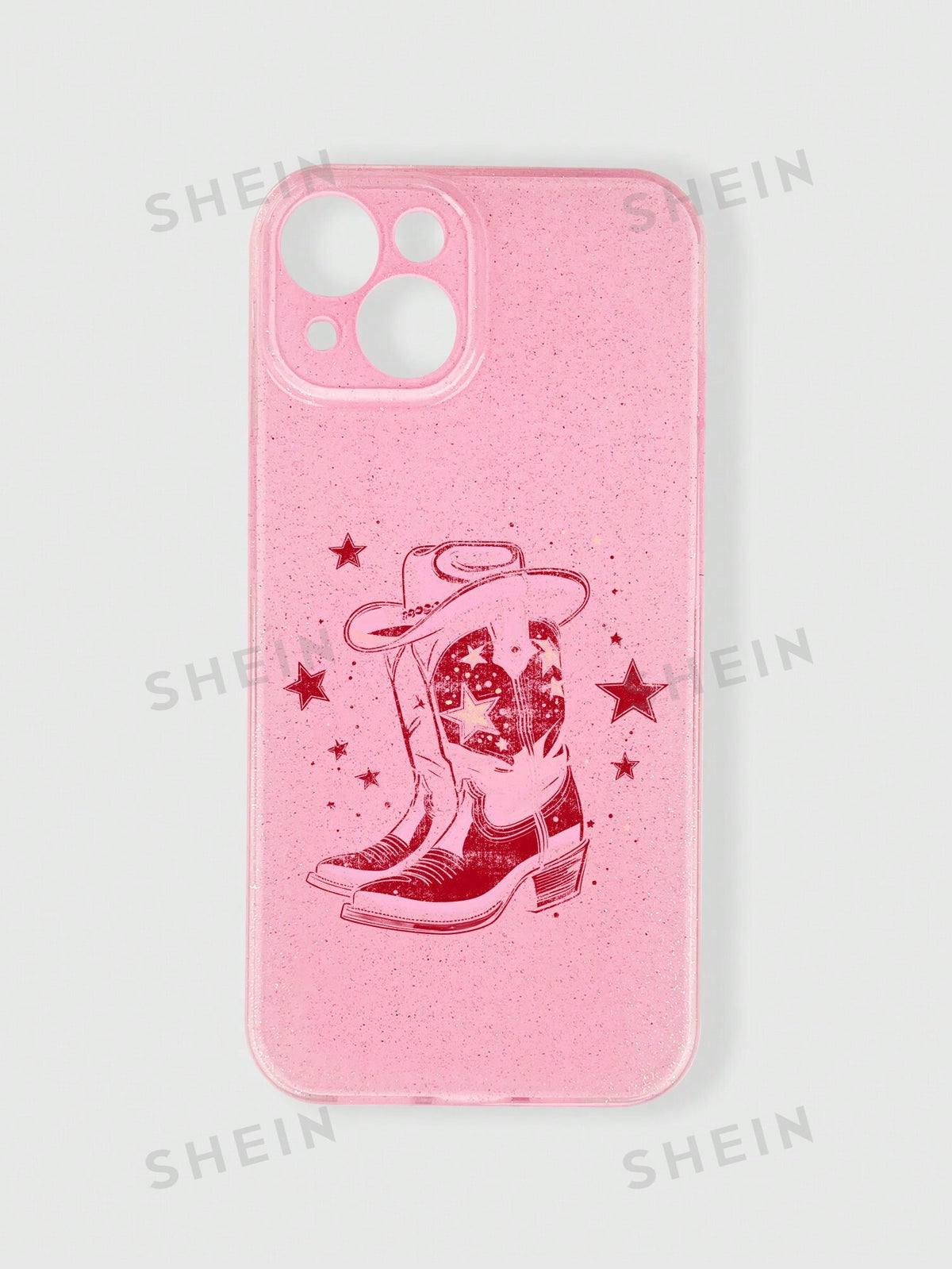 ROMWE Hippie 1pc Western Style Red Cowboy Boot & Hat Star Glitter Shiny Pink Phone Case Compatible With IPhone 11 12 13 14 15 Pro Max