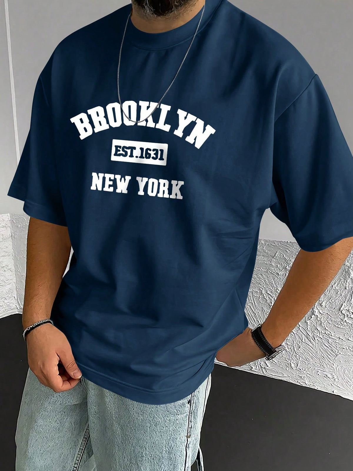 Men's Brooklyn New York Letter Print Casual Short Sleeve T-Shirt, Summer Sports Commuting All-Match Navy Blue Tee