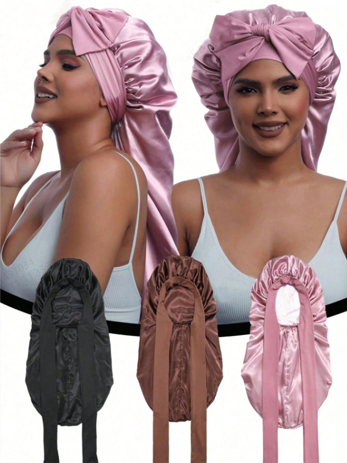 1Pc Women's Pink Elastic Tie Band Long Satin Silk Bonnet Hair Cap Curly Hair Wrap Sleeping Cap For Long Hair, Braids, Dreadlocks, Curly Hair Silk Bonnet Satin Bonnet Bow