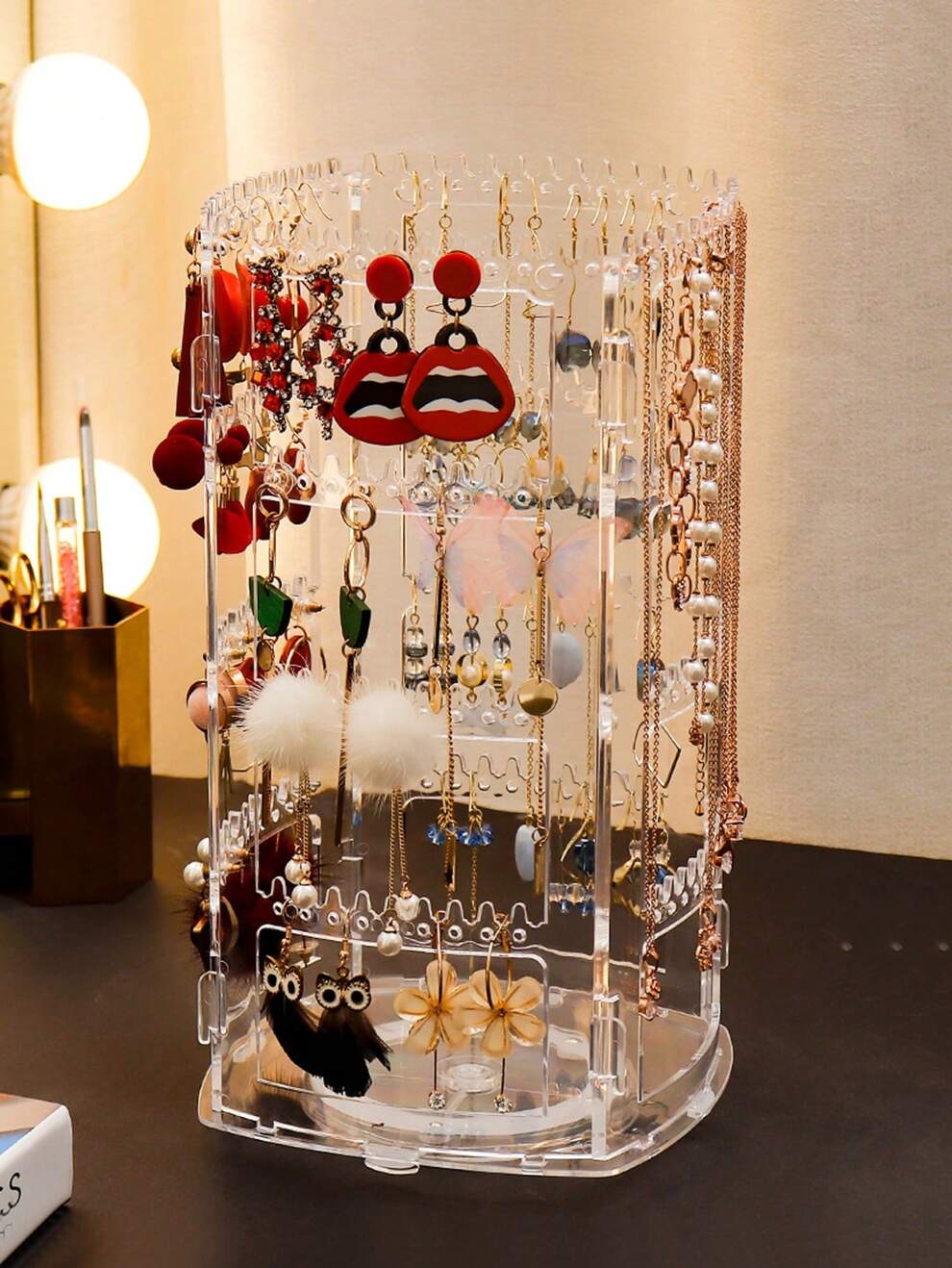 360 Rotating Earrings Holder Jewelry Organizer 4 Tiers Jewelry Rack Display Classic Stand Holes Grooves For Necklaces Earrings Piercings, Gift For Valentine's Day