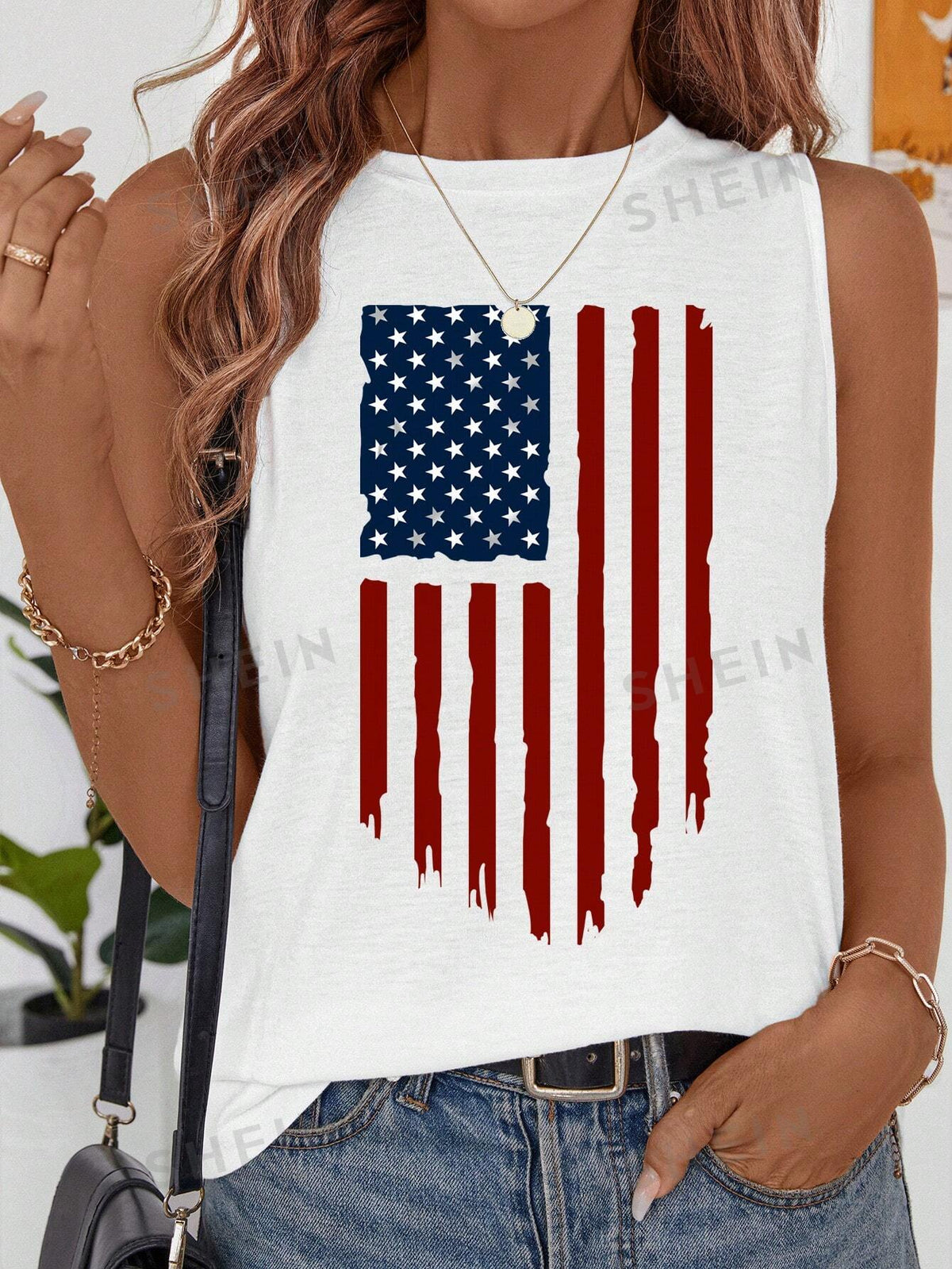 EMERY ROSE Casual Loose American Flag Sleeveless Women's Tank Top, Suitable For Summer