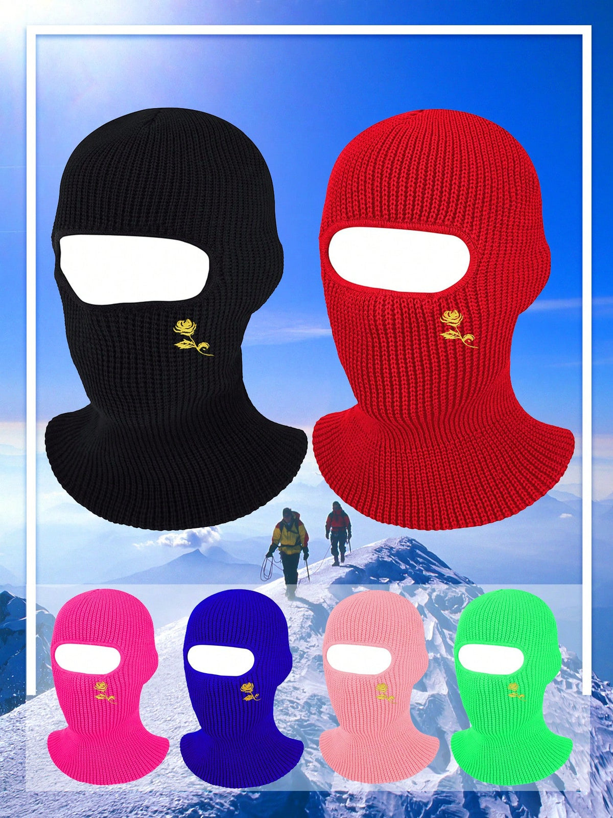 1pc One Hole Rose Embroidery Knitted Full Face Cover Ski Mask Winter Balaclava Warm Knit Full Face Mask For Outdoor Sports