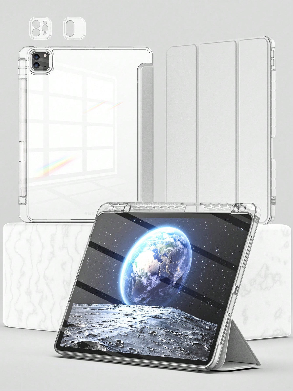 Case For IPad With Three Fold Protective Transparent Tablet Case With Acrylic & Pencil Holder-Grey