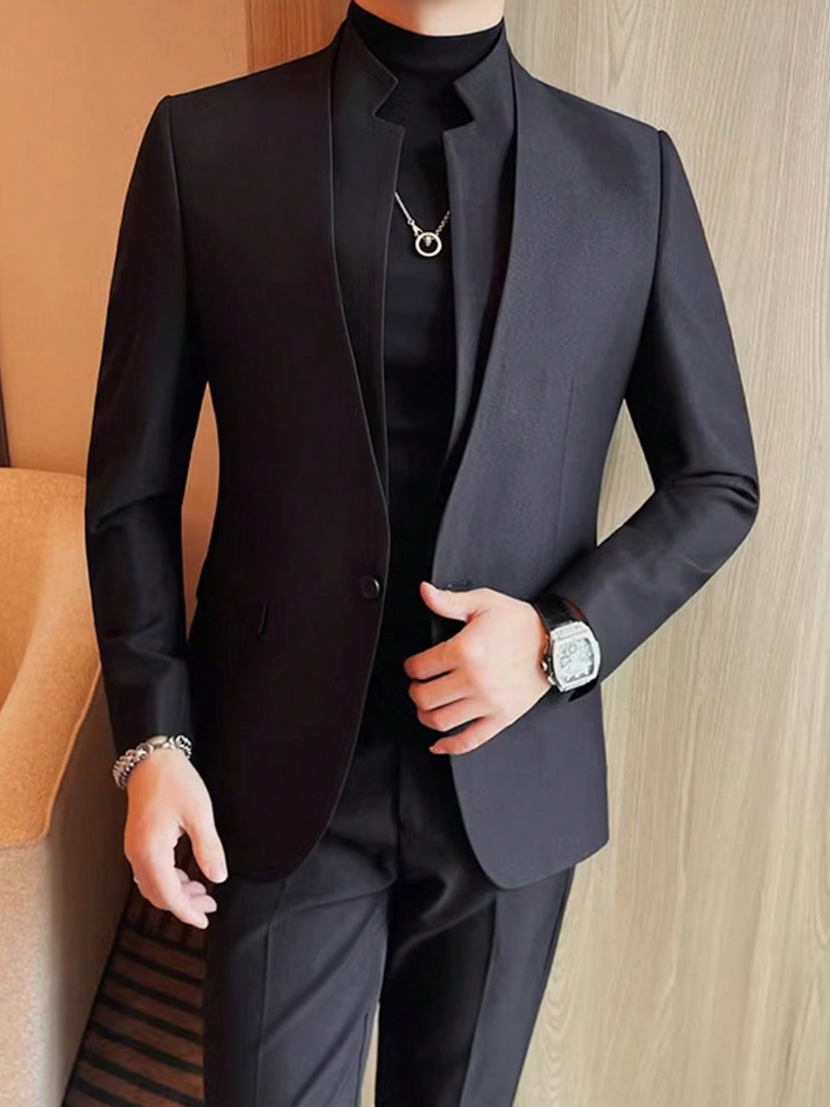 Manfinity Mode Men's Solid Color Simple Daily Long Sleeve Suit With Long Pants