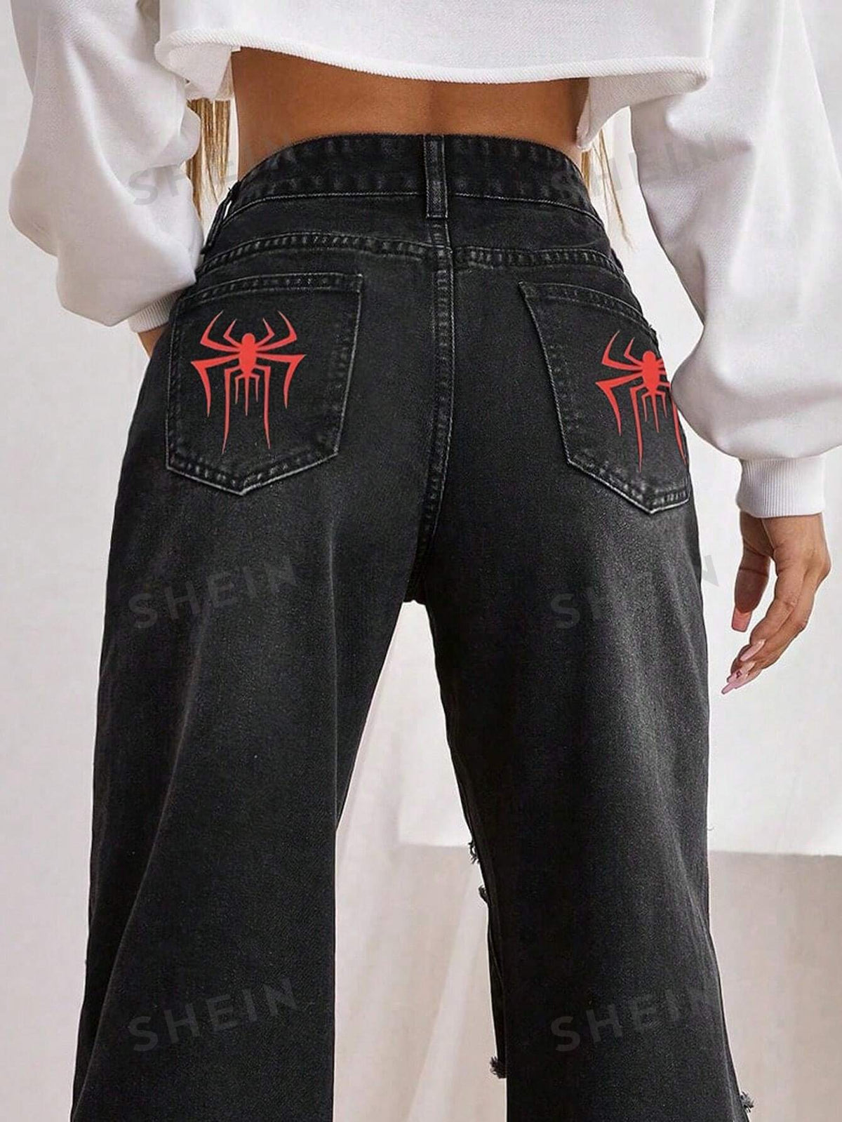 SHEIN EZwear Women Spider Print Pocketed Washed Loose Fit Wide Leg Jeans