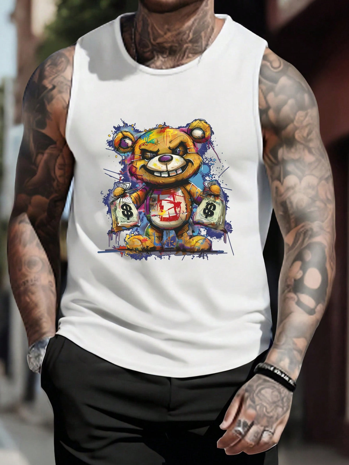 Manfinity Dauomo Men's Bear Print Simple Casual Sleeveless Tank Top