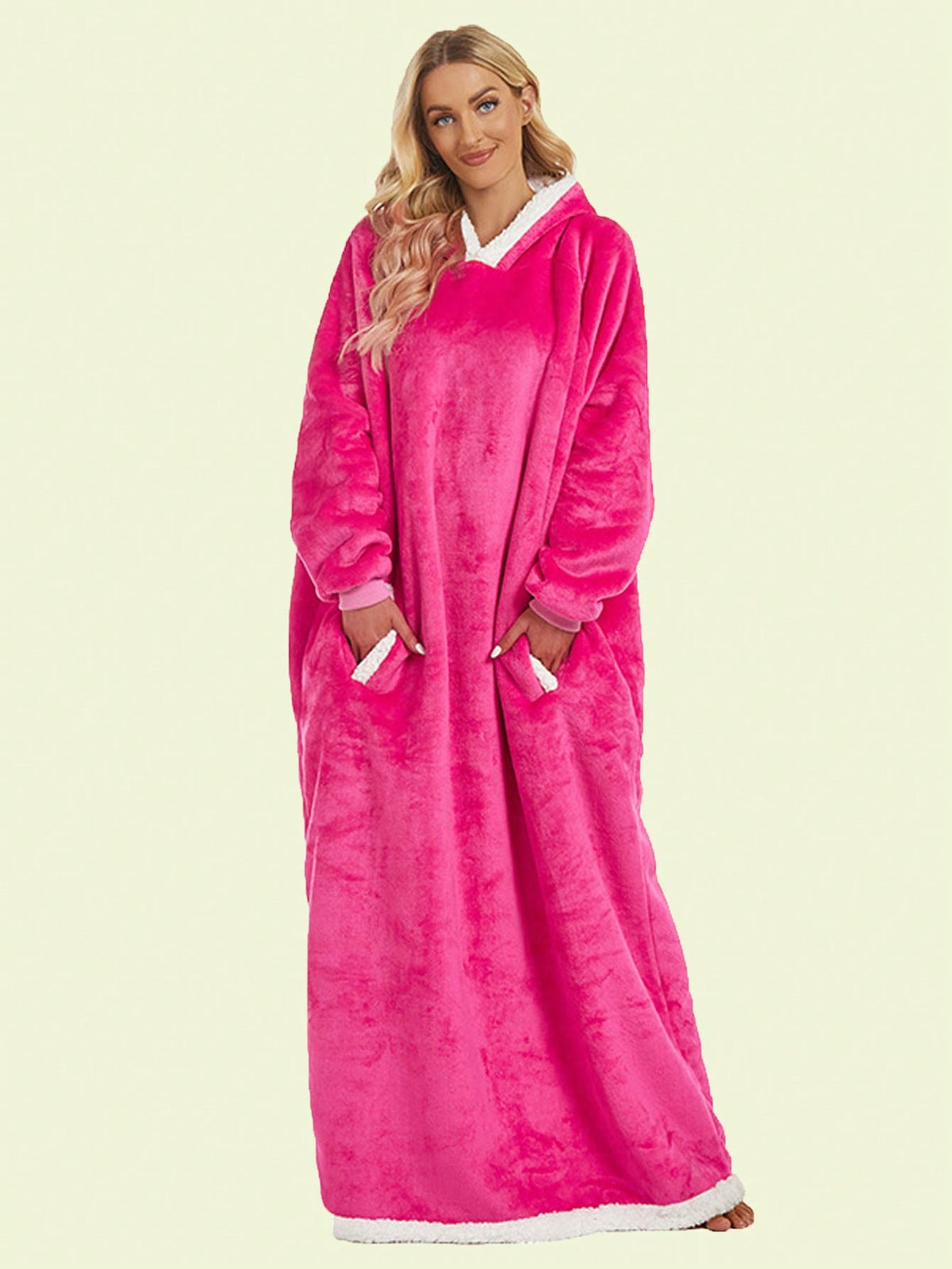 1pc Hooded Soft Fleece Long Robe With Side Pockets, Fuchsia Pink, Comfortable Casual Hooded Lounging Sherpa Blanket With Kangaroo Pocket