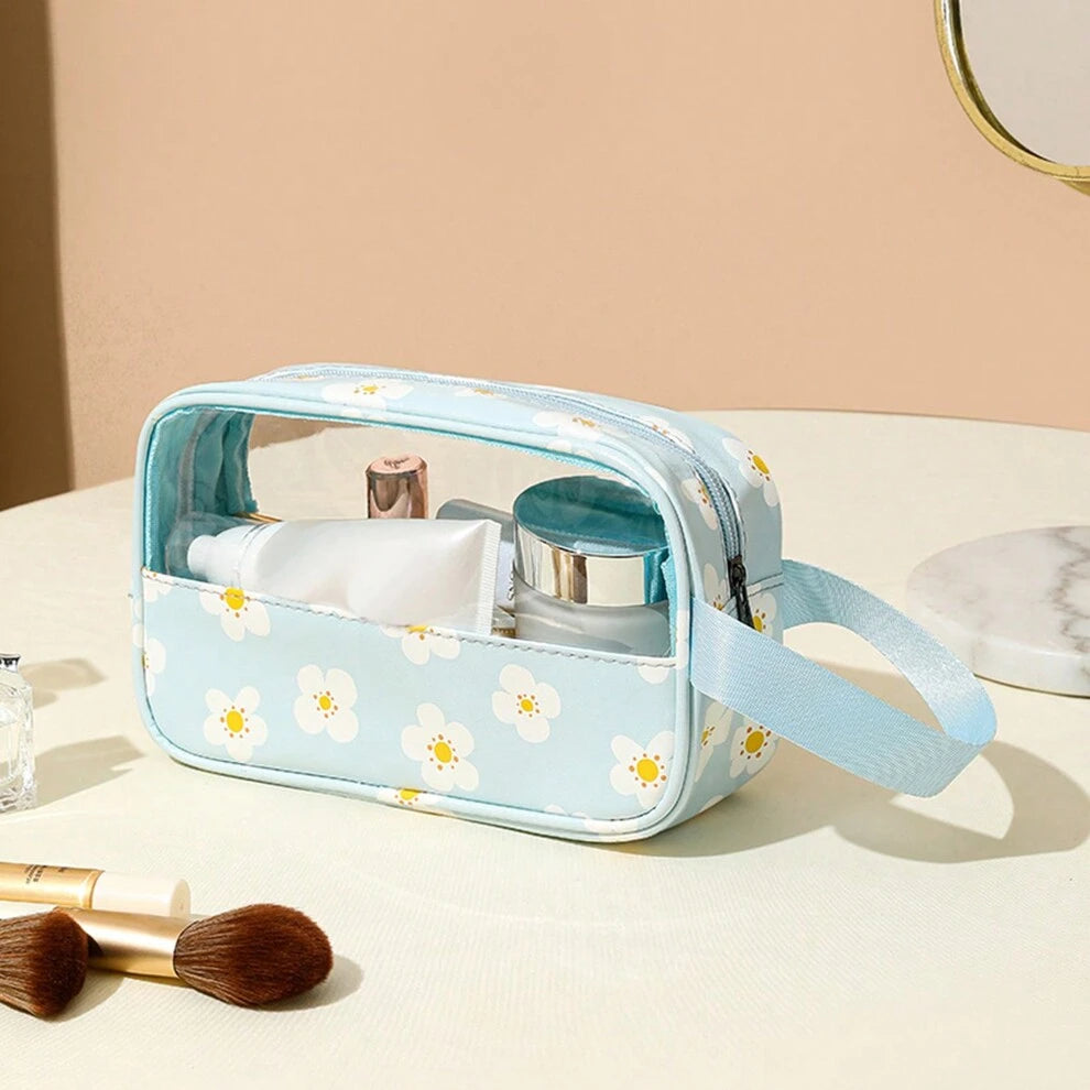 1pc Women Portable Travel Wash Bag Female Transparent Waterproof Makeup Storage,Daisy Printed Transparent Makeup Bag Large Capacity Splicing Tote Bag Sweet Macaron Toiletry Bag Travel Portable Storage