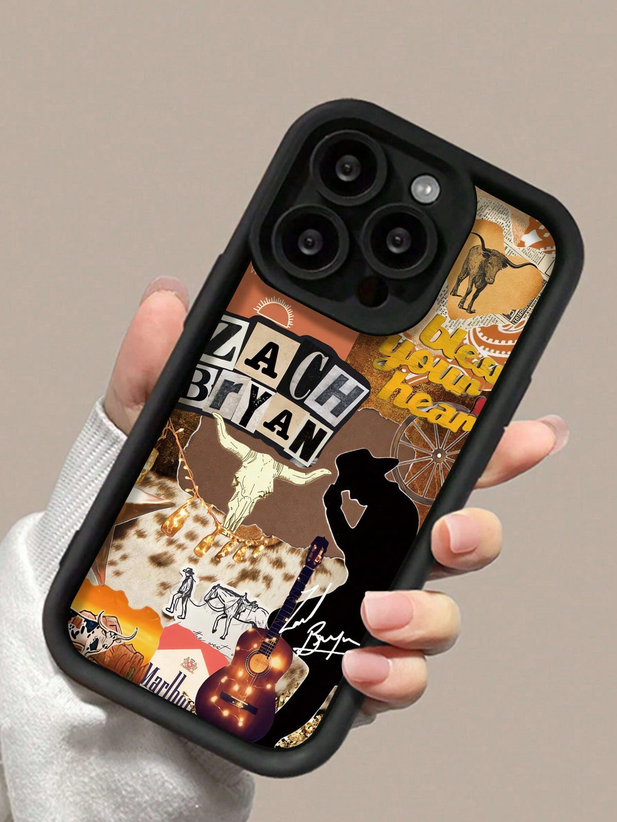 1pc Thick Shockproof Anti-Fingerprint Full Cover Black Phone Case With Western Cowboy Guitar Pattern Compatible With IPhone 11, 13, 12, 14, 15, 12 Pro Max, 14 Pro Max, 15 Pro Max, SE2, XR, XS Max, X/X