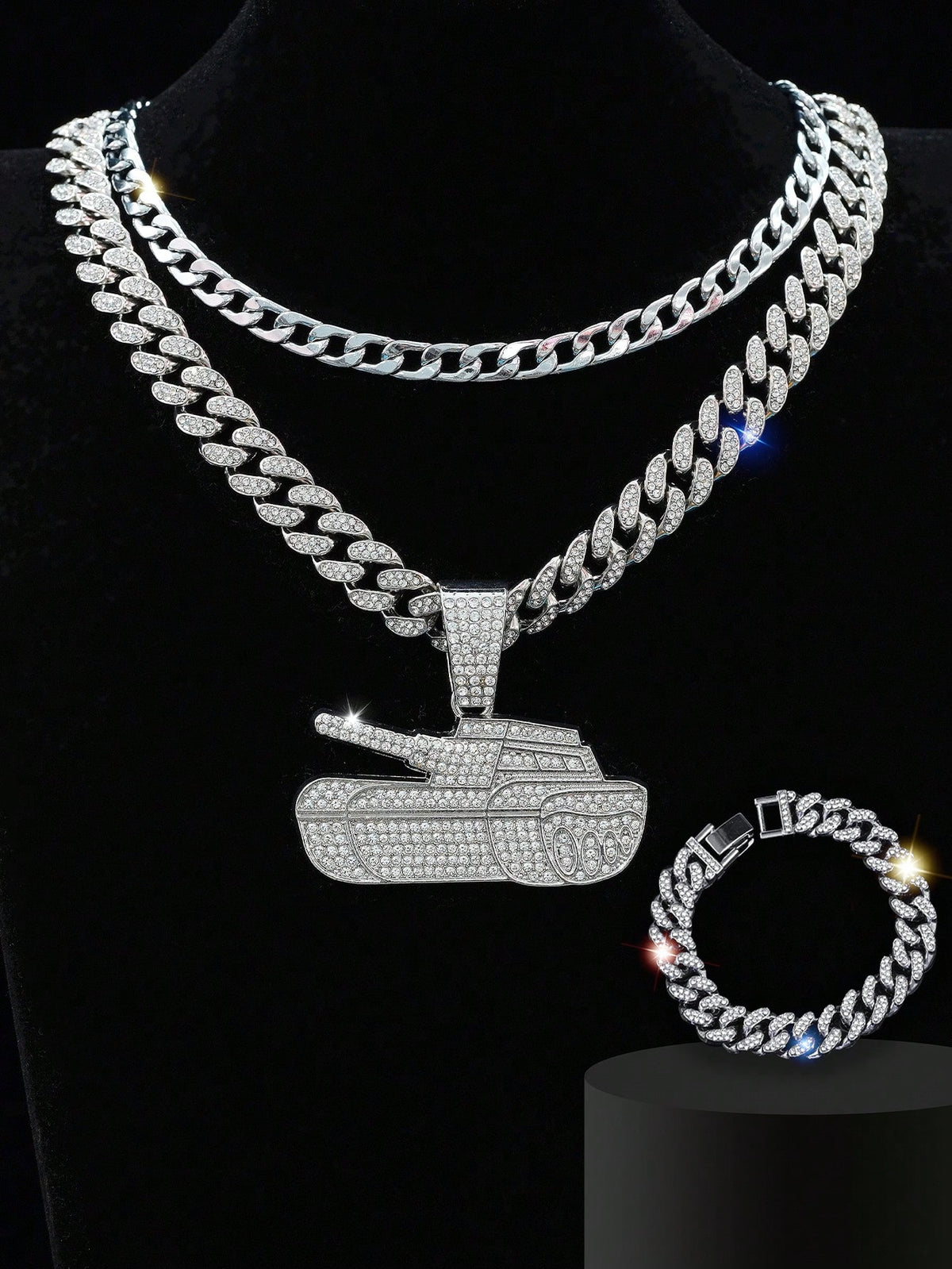 3pcs/Set Hip Hop Style Tank Pendant,  Chain Necklace, Flashy Chain Bracelet For Men