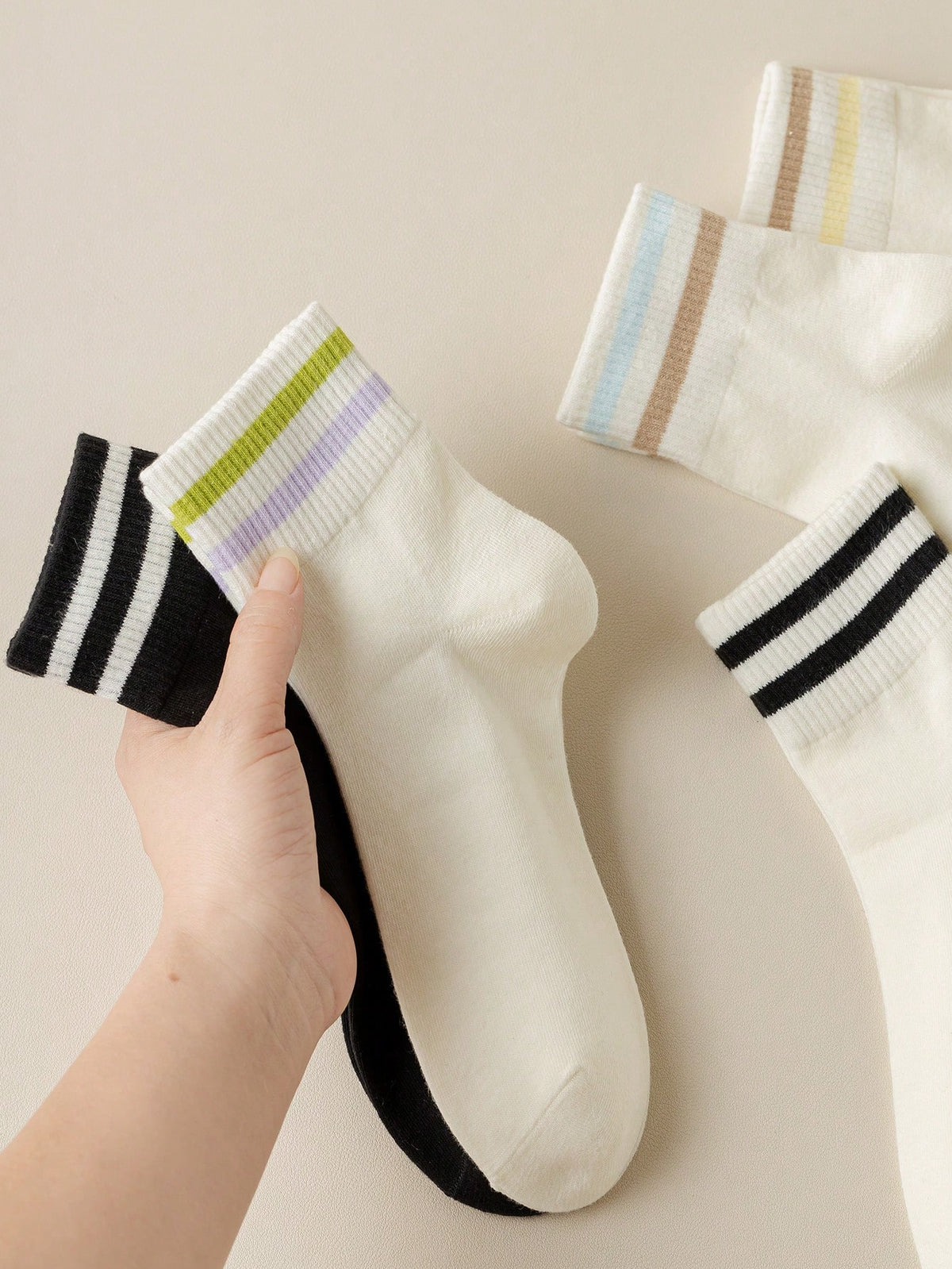 5 Pairs Of Women's Double Striped Socks, Crew Socks, Candy-Colored Mid-Tube Socks, Breathable, Deodorant Socks For Spring And Summer