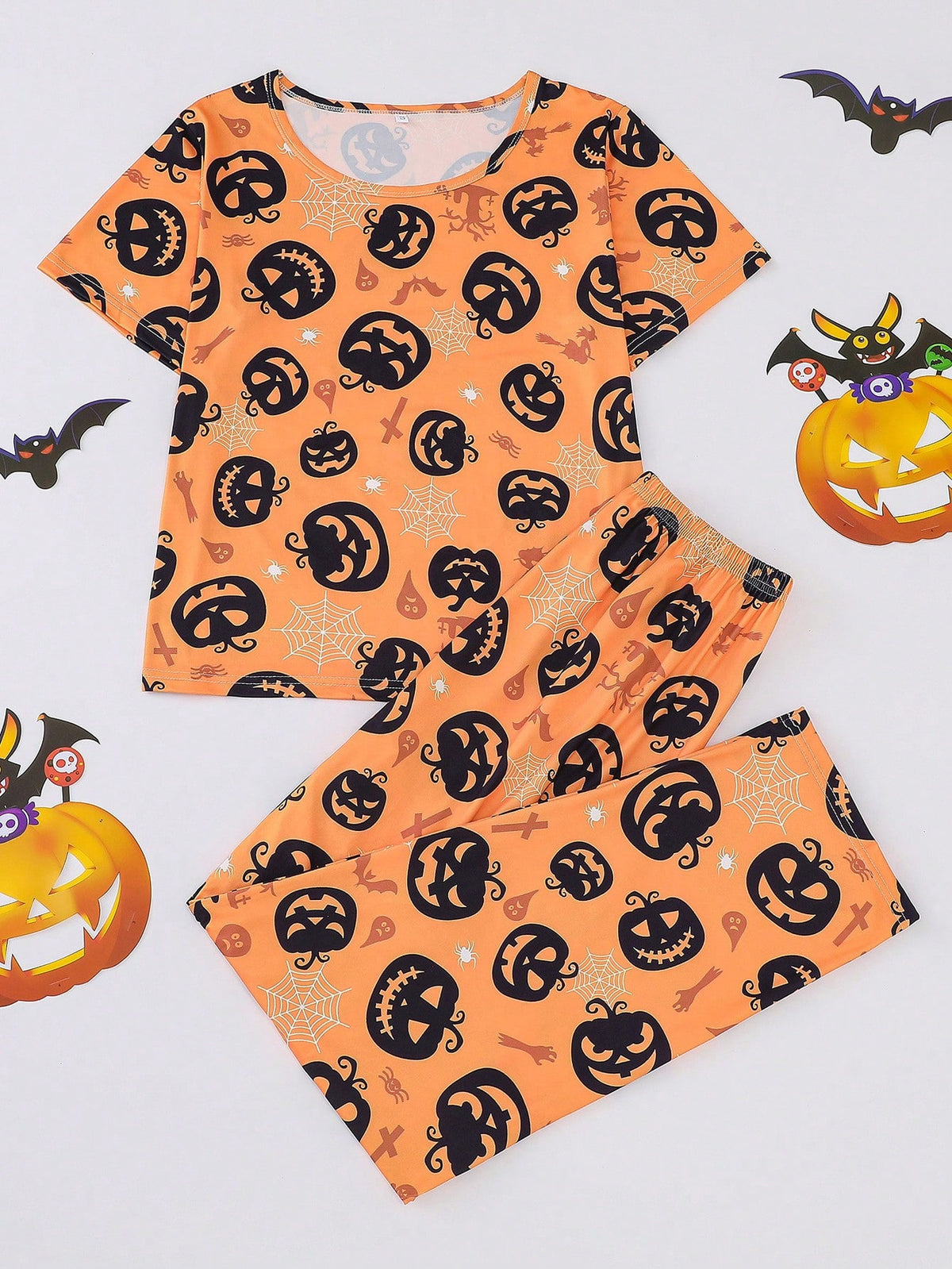 2pcs Pumpkin Halloween Themed Print Pajama Set For Ladies, Short Sleeve Pullover Top And Loose Elastic Waist Pants, Casual All-Season Sleepwear And Loungewear