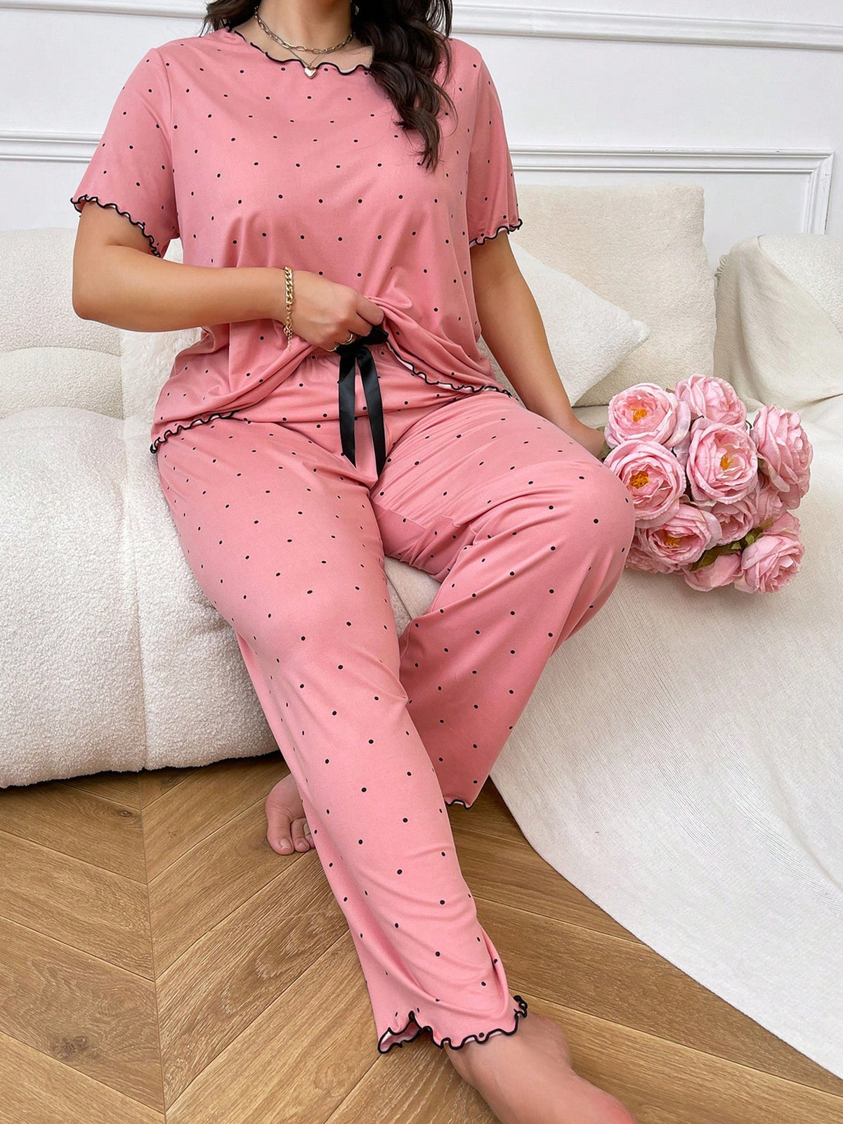 Women Plus Size Bow Decor Lettuce Hem Dot Print Pajama Set